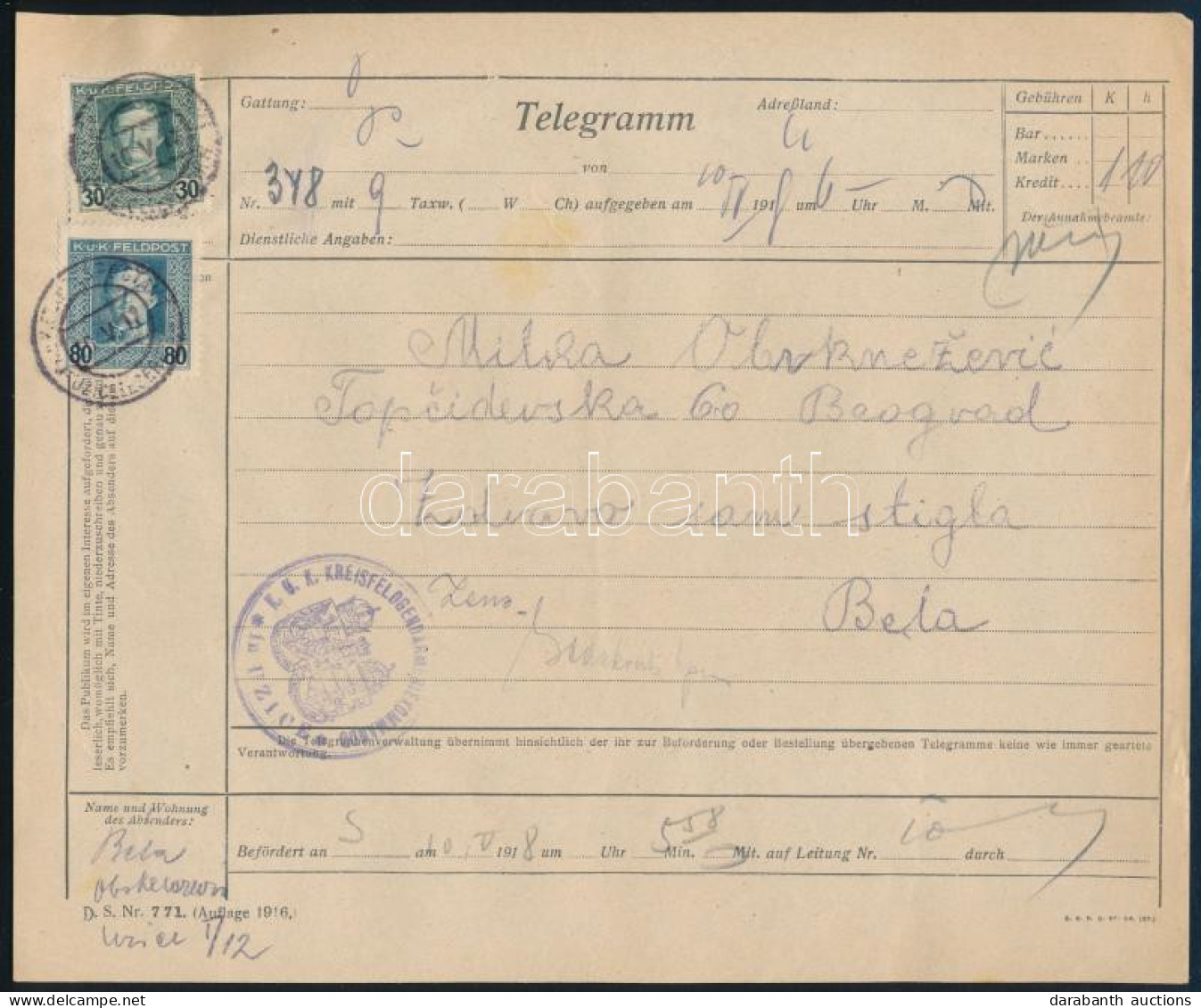 1918 Távirat 30H + 80H Bérmentesítéssel / Telegramm "K.u.K. KRIEGSFELDGENDARMERIEKOMMANDO / In UZICE" + "EP UZICE In SER - Andere & Zonder Classificatie
