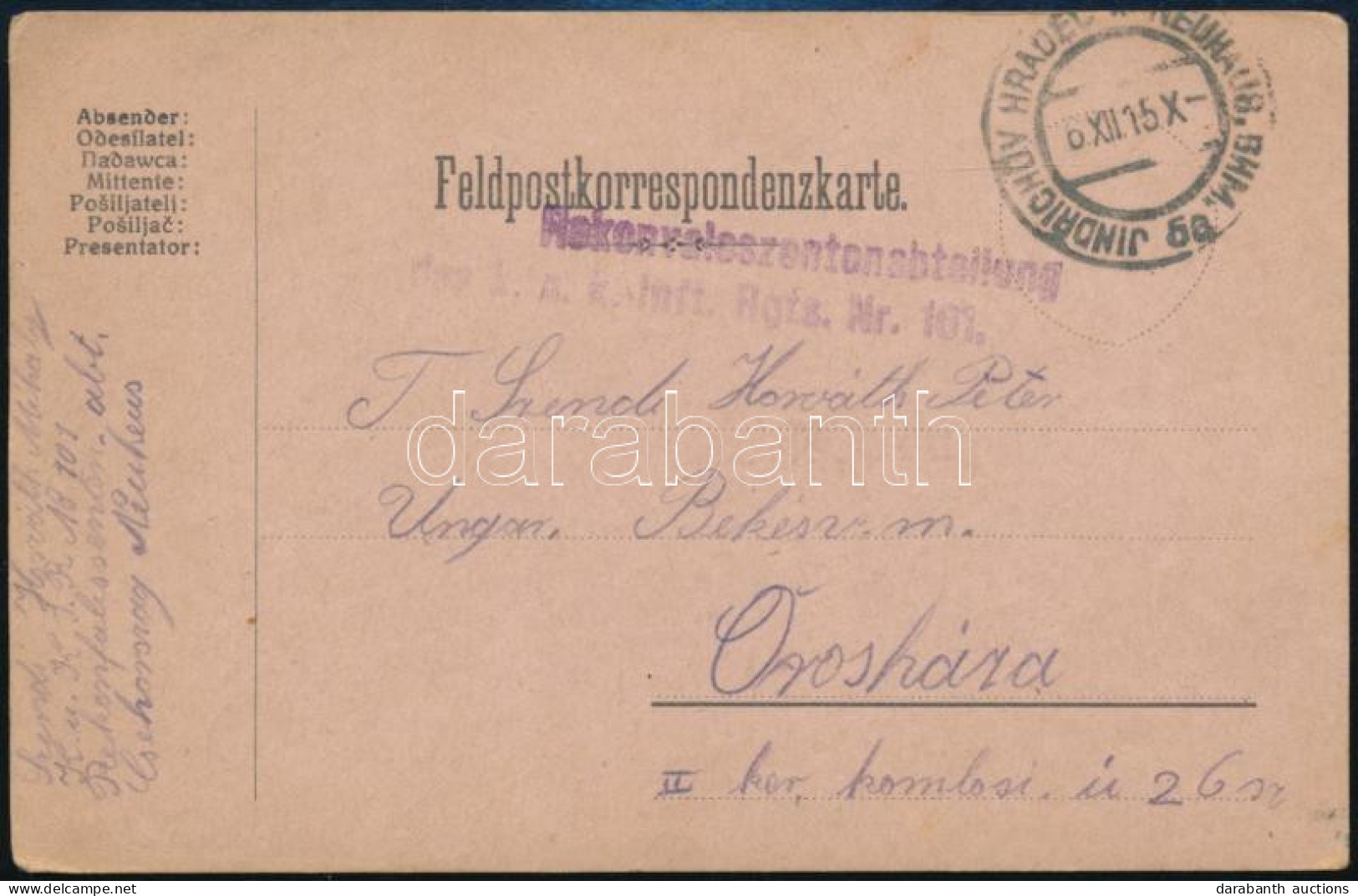 1915 Tábori Posta Levelezőlap "Rekonvaleszentenabteilung Des K.u.k. Inft. Rgts. Nr.101" - Andere & Zonder Classificatie