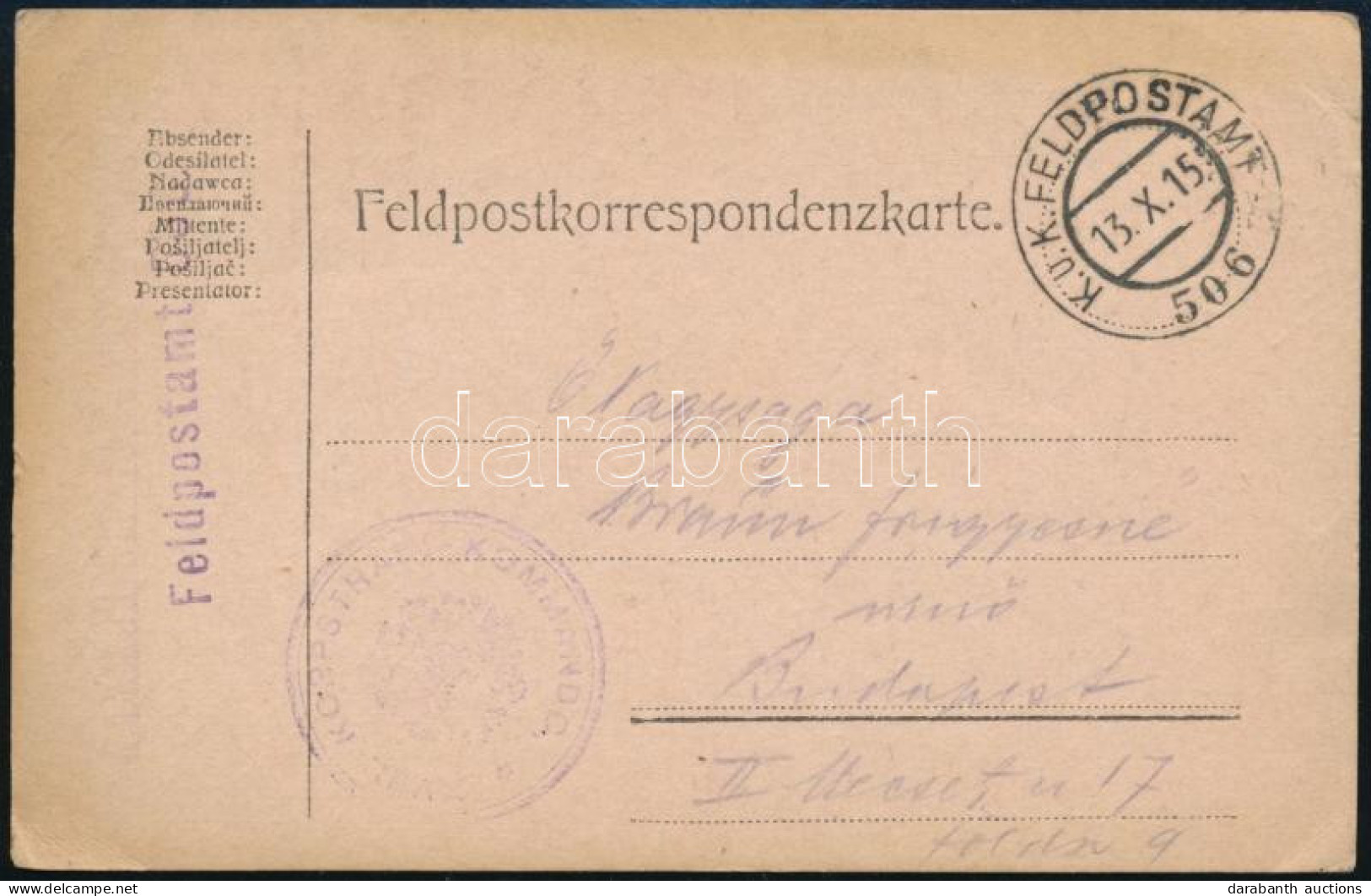 1915 Tábori Posta Levelezőlap "K.u.k. KORPSTR. KOMMANDO" + "FP 506" - Otros & Sin Clasificación