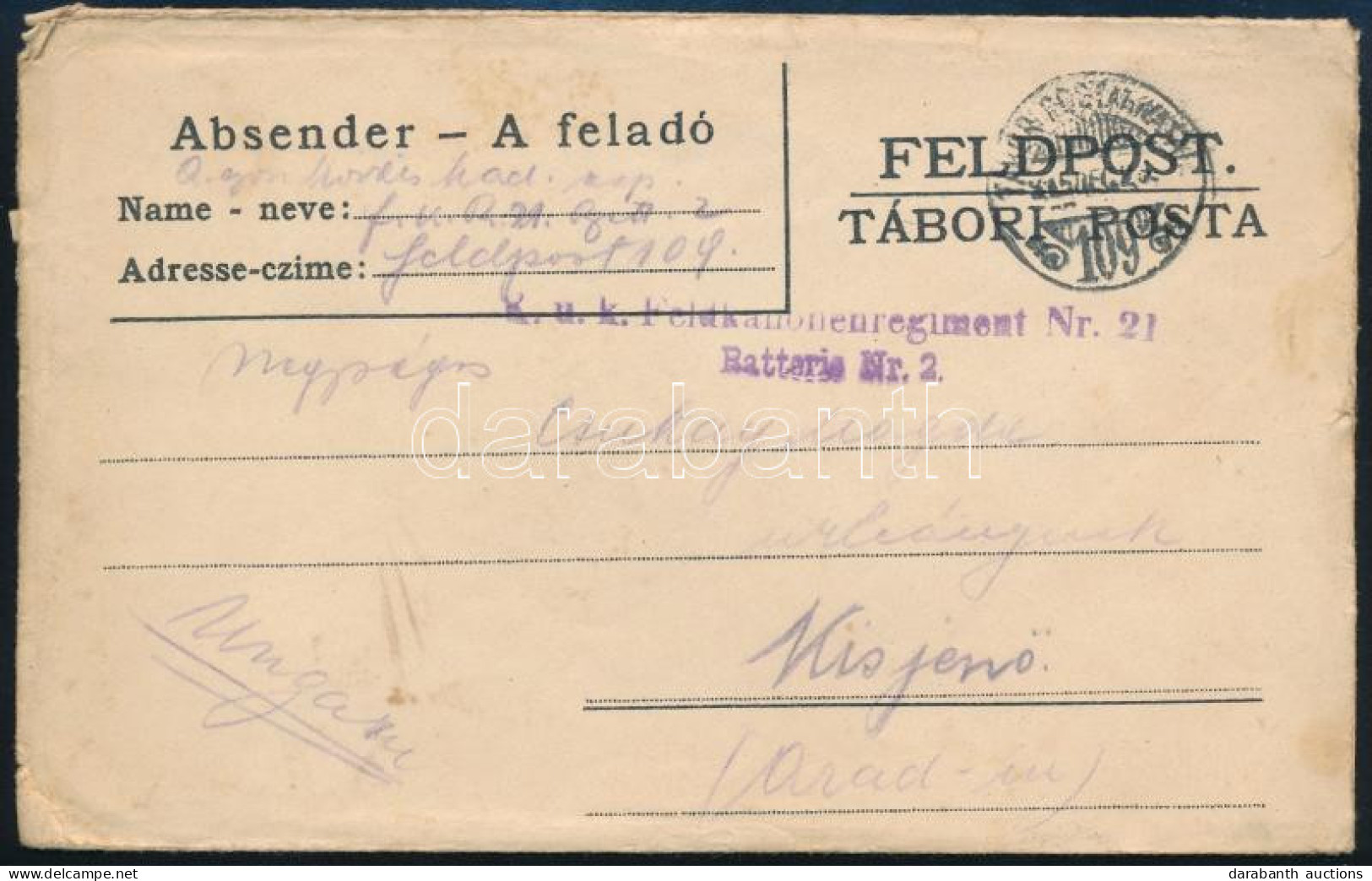 1915 Tábori Posta Levél "K.k. Feldkanonenregiment Nr. 21 / Batterie Nr. 2." - Other & Unclassified