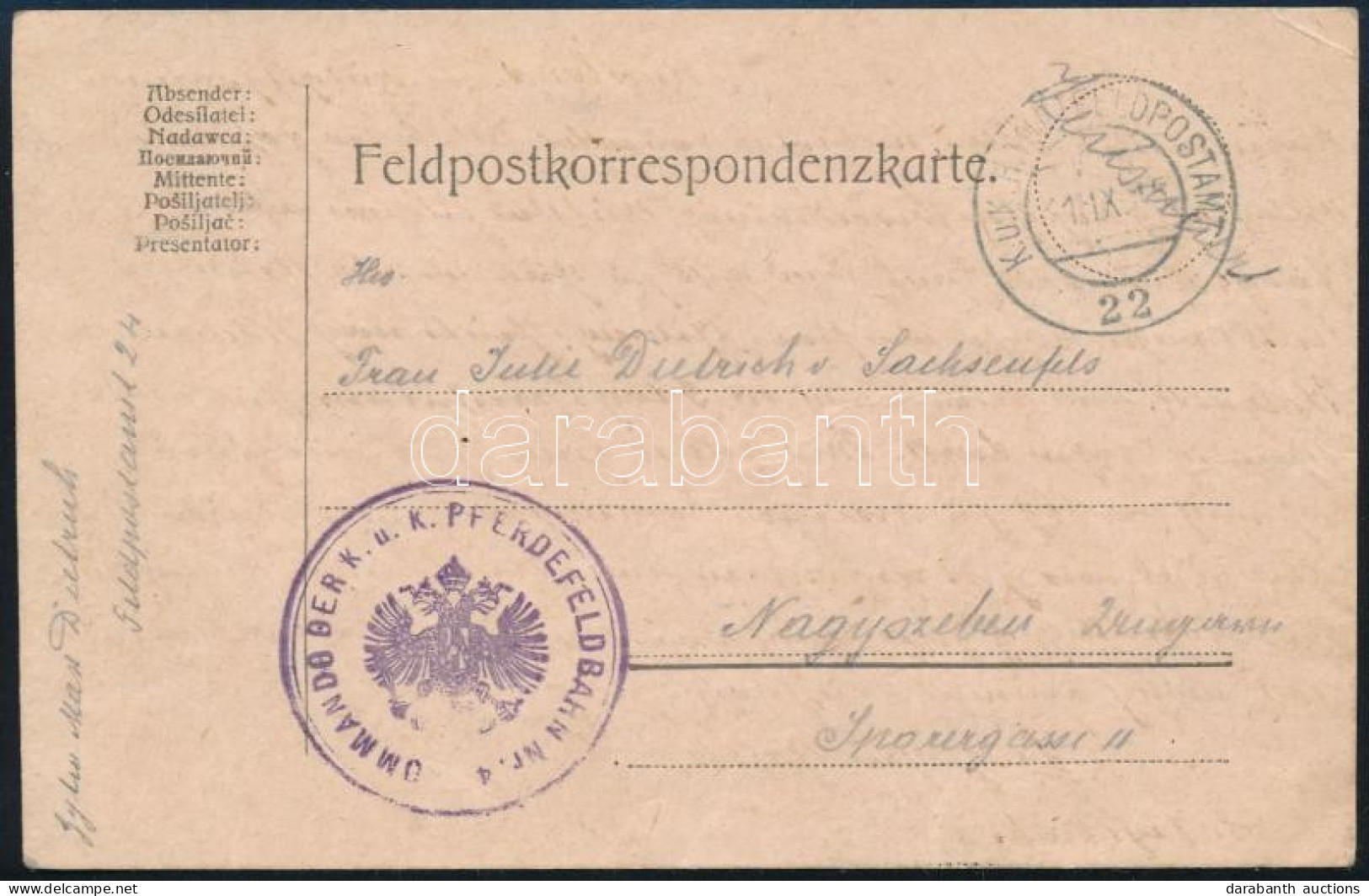 1915 Tábori Posta Levelezőlap, "KOMMANDO DER K.u.k. PFERDEFELDBAHN Nr. 4" + "HFP 22" - Altri & Non Classificati