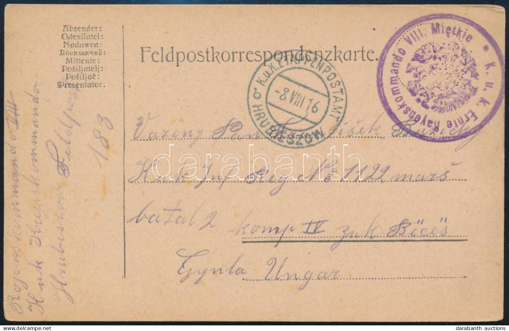 1916 Tábori Posta Levelezőlap / Field Postcard "K.u.k. Ernte Rayonskommando VIII. Mietkie" + "EP HRUBIESZOW B" - Andere & Zonder Classificatie