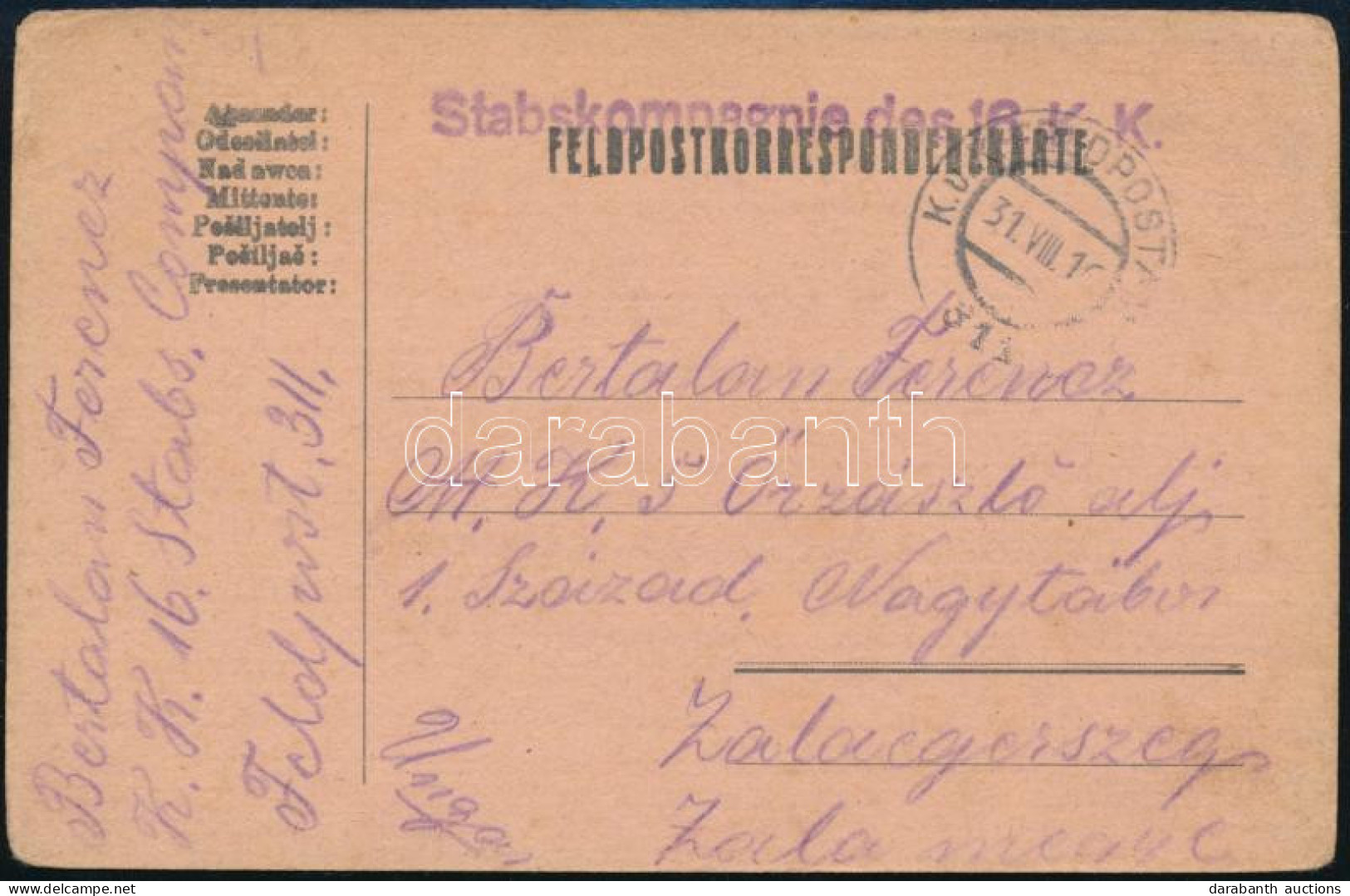 1916 Tábori Posta Levelezőlap "Stabskompagnie Des 16. K.K." + "FP 311" - Otros & Sin Clasificación