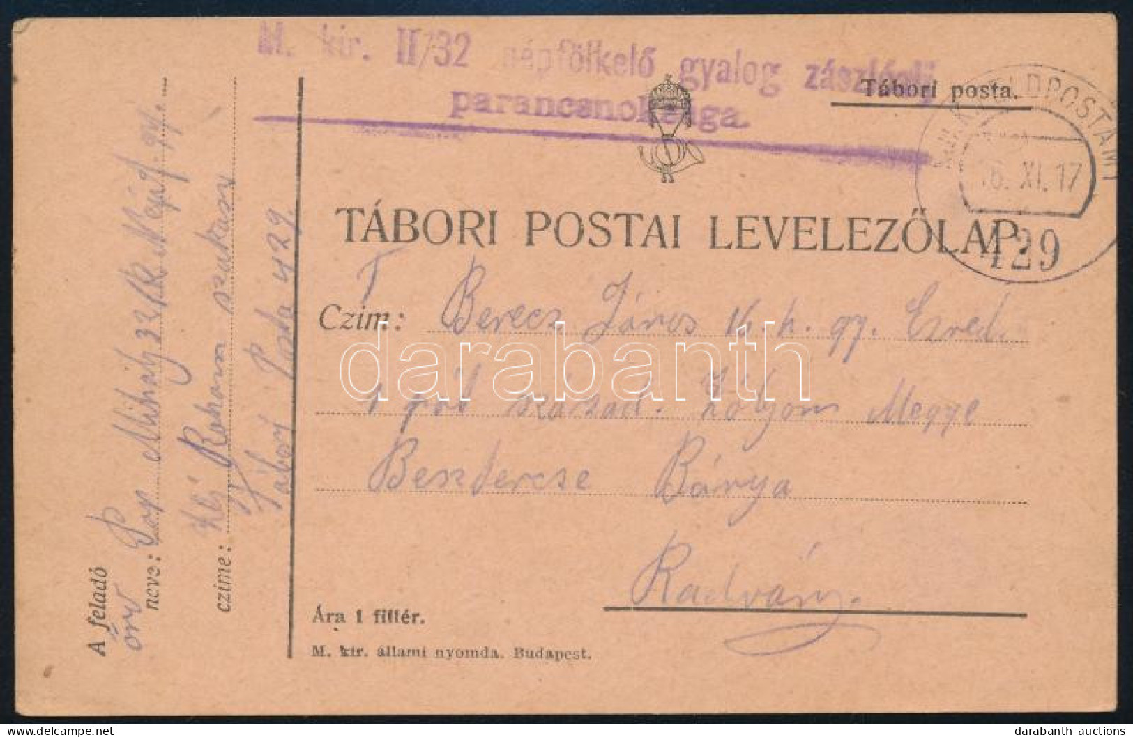 1917 Tábori Posta Levelezőlap / Field Postcard "M.kir. II/32 Népfölkelő Gyalog Zászlóalj Parancsnoksága" + "FP 429" - Autres & Non Classés