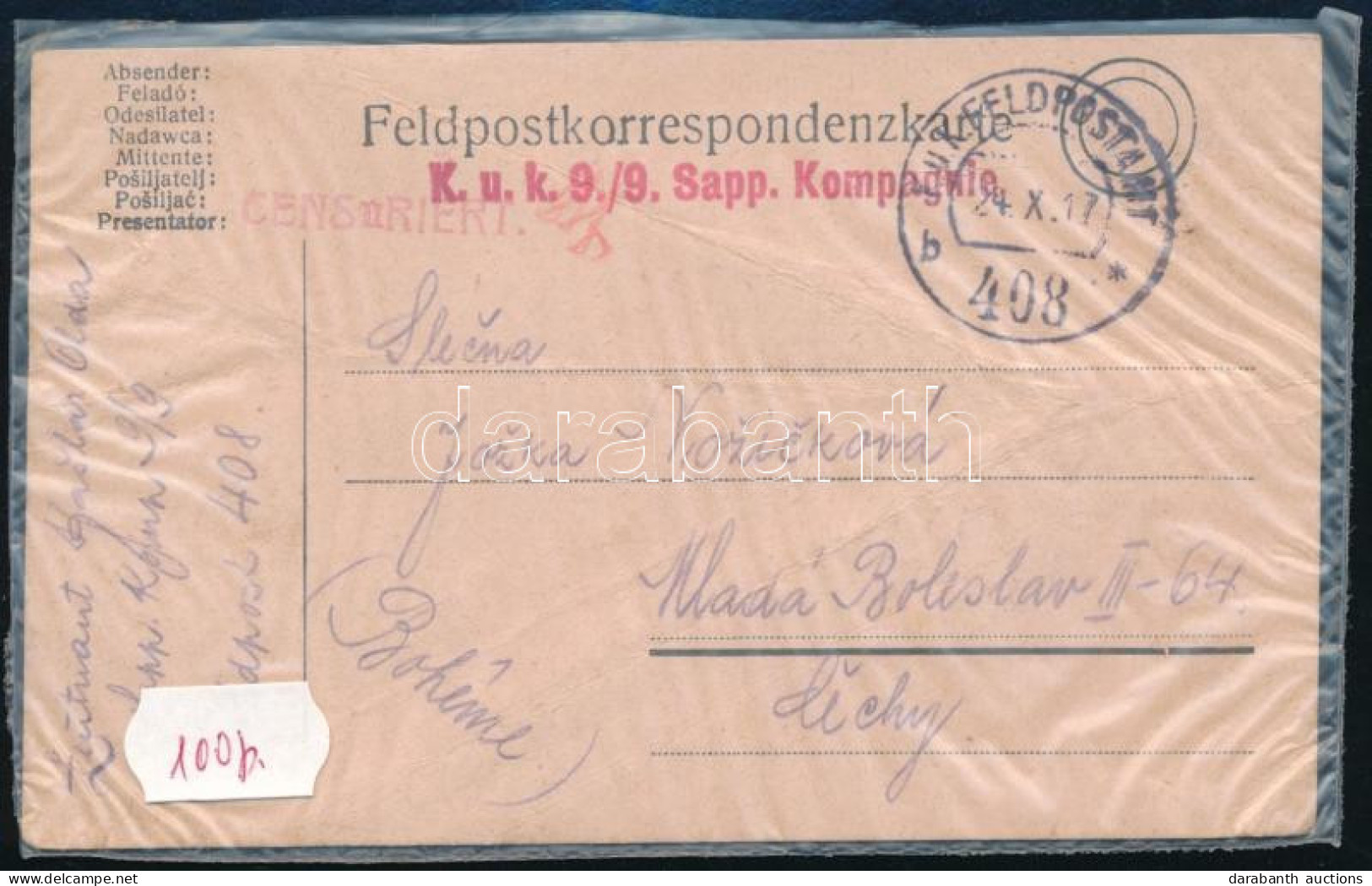 1917 Tábori Posta Levelezőlap "K.u.k. 9/9 Sapp. Kompagnie" + "FP 408 B" - Altri & Non Classificati