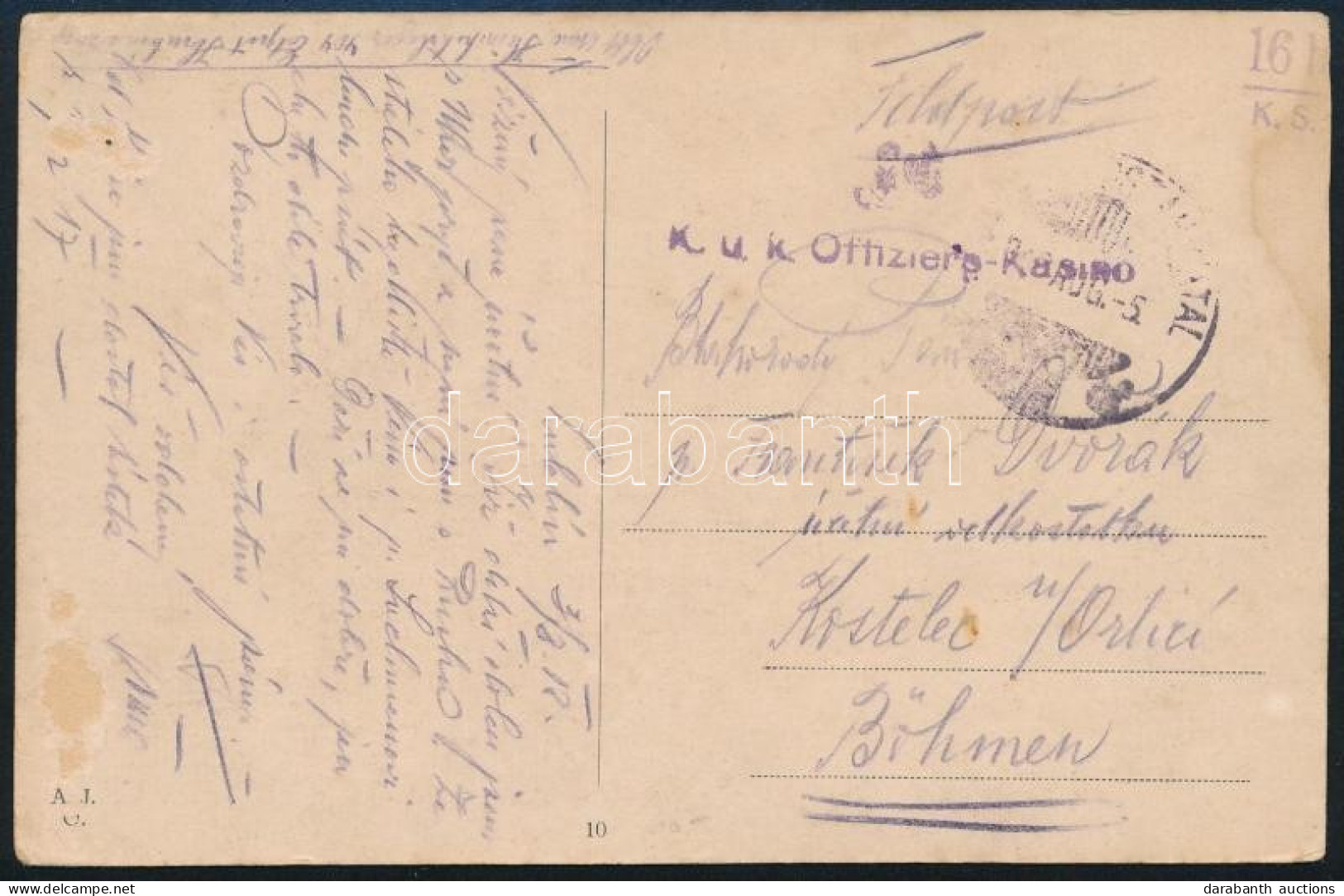 1918 Lublin Képeslap "K.u.K. Offiziers-Kasino" Kostelec-be Küldve - Other & Unclassified