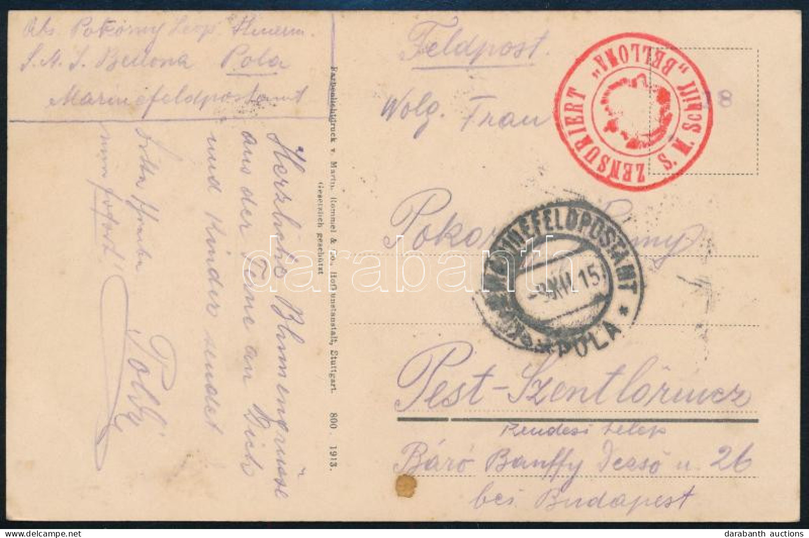 1915 Tábori Posta Képeslap "S.M. Schiff BELLONA" - Altri & Non Classificati