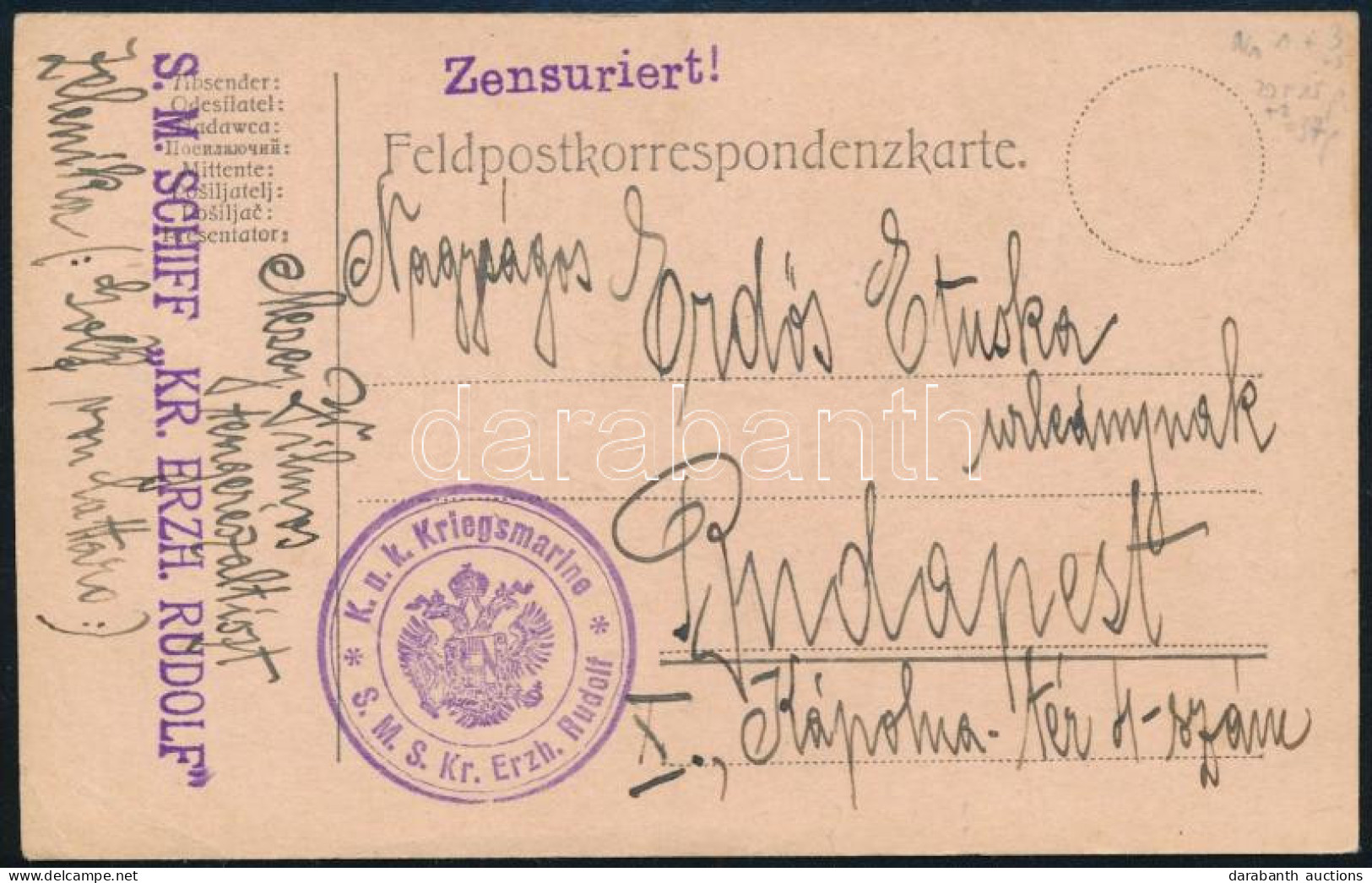 1915 Tábori Posta Levelezőlap "S.M.SCHIFF KR. ERZH. RUDOLF" - Otros & Sin Clasificación