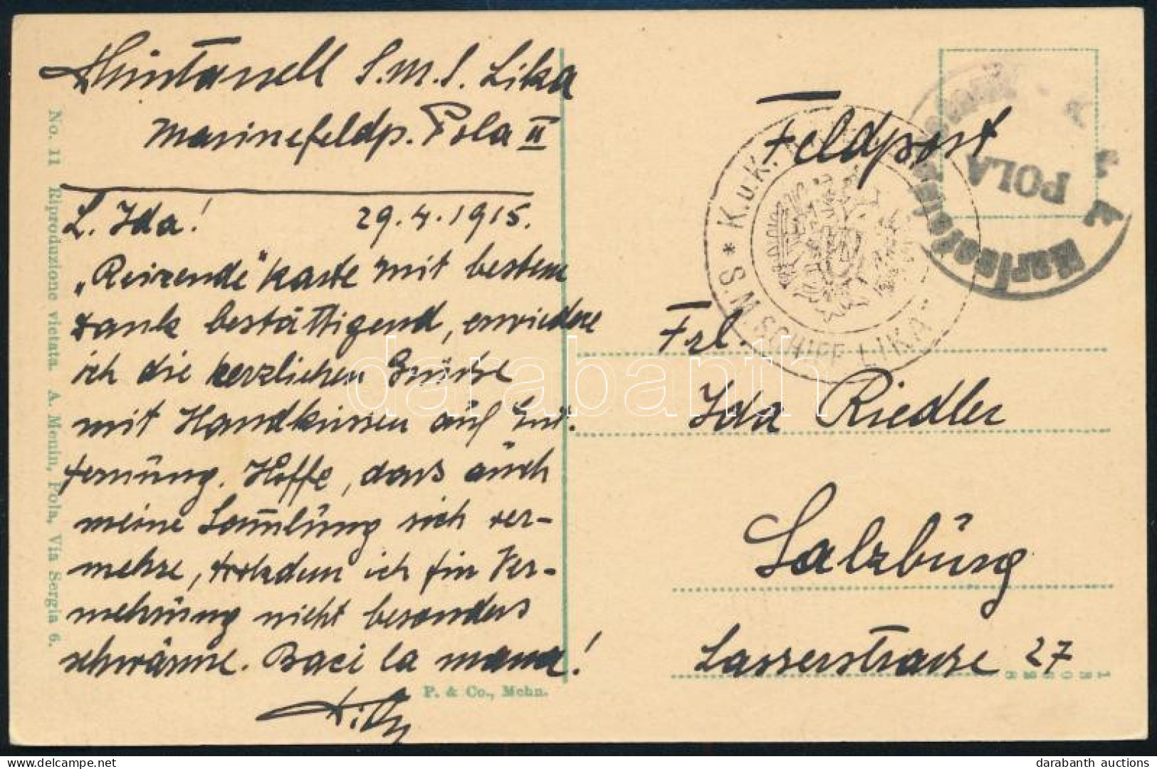 1915 Tábori Posta Képeslap "S.M. SCHIFF LIKA" - Other & Unclassified