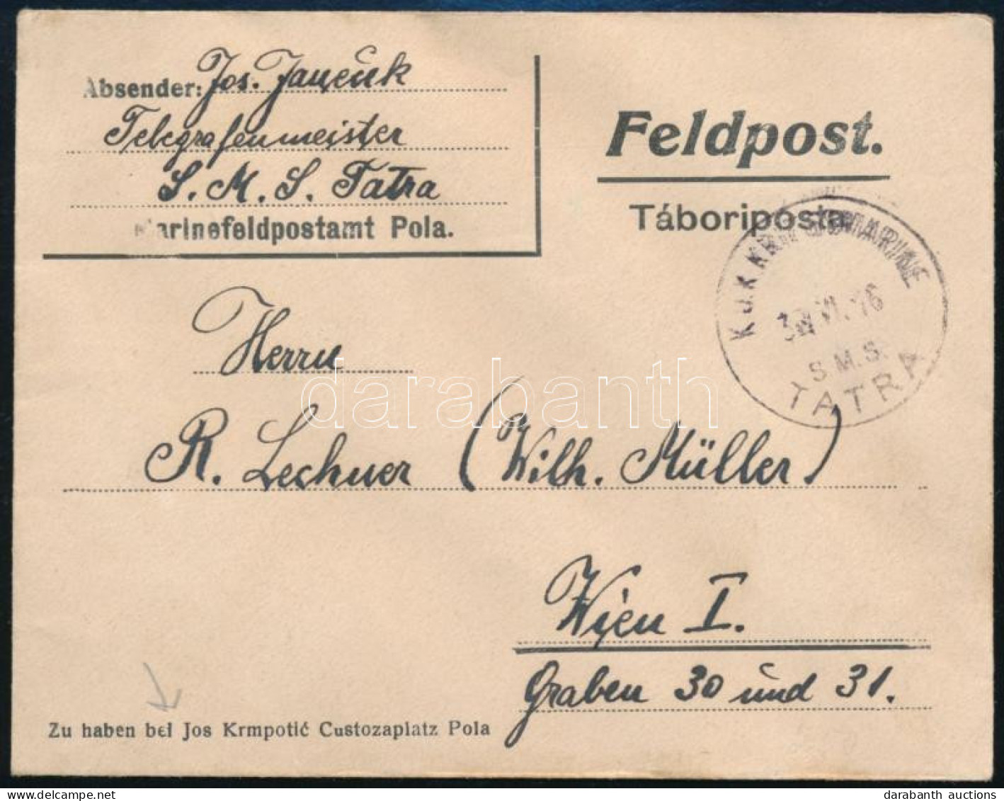 1916 Tábori Posta Levél "S. M. S. TATRA" - Andere & Zonder Classificatie