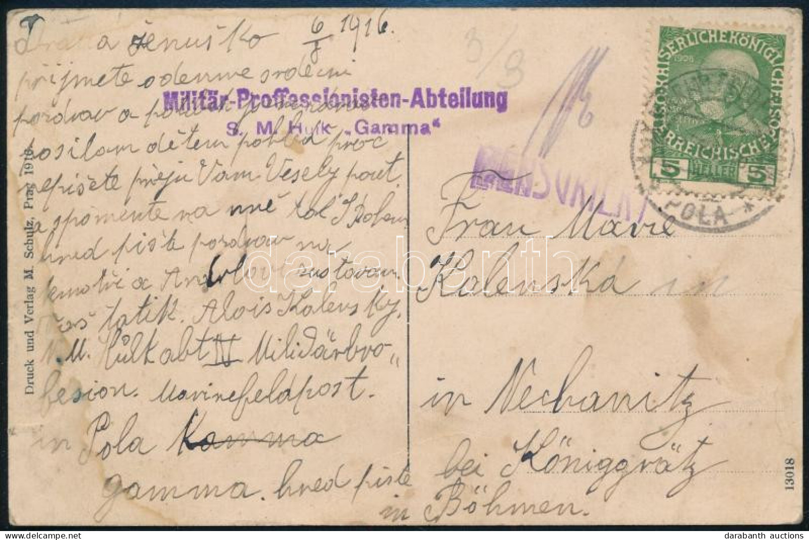 1916 Tábori Posta Képeslap 5h Bérmentesítéssel "Militär-Professionisten-Abteilung S.M. Hulk Gamma" - Autres & Non Classés