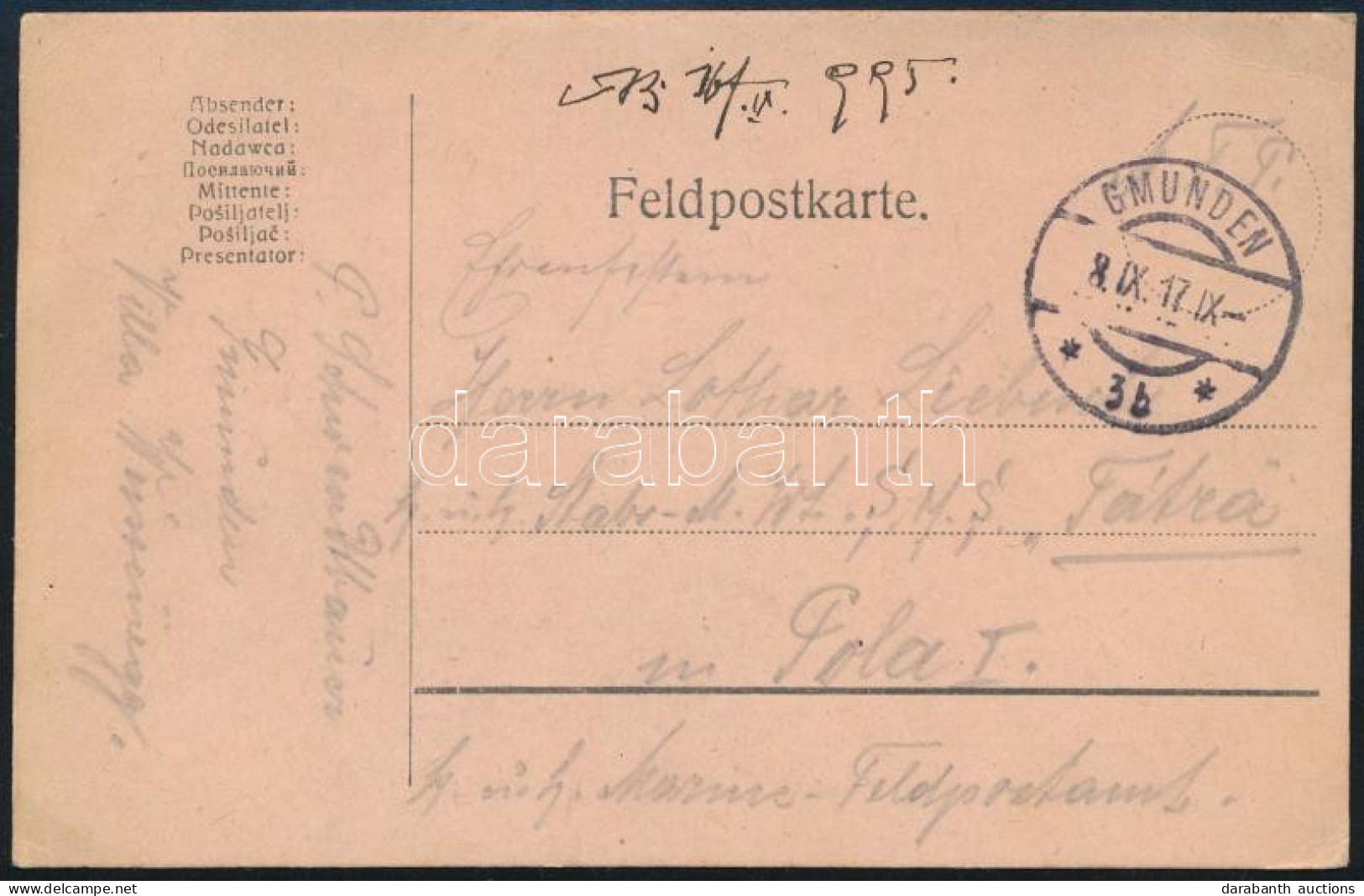1917 Tábori Posta Levelezőlap Az S.M.S. Tátráról "GMUNDEN" - Sonstige & Ohne Zuordnung