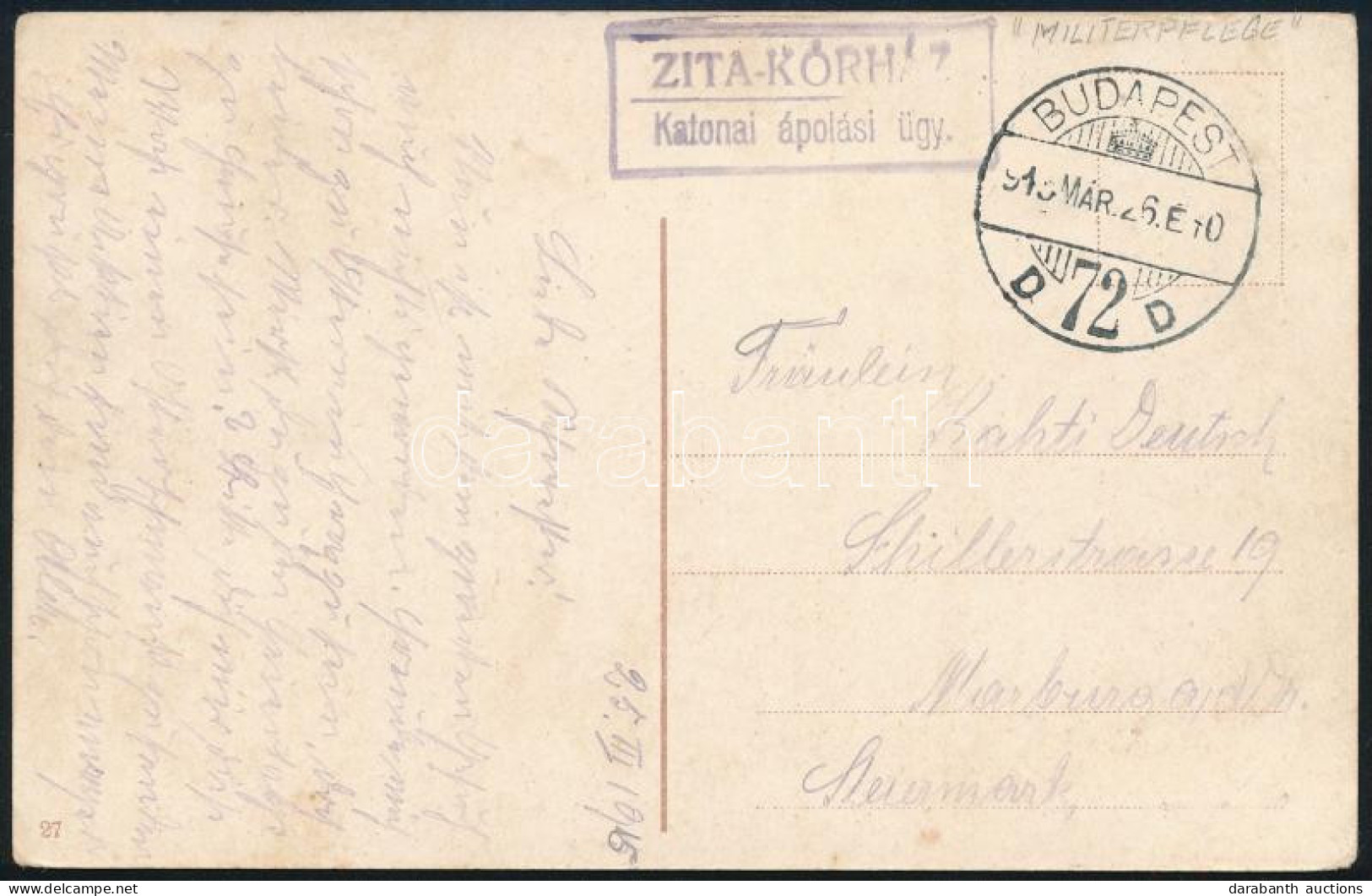 1915 Budapest (Vilmos Császár út) Képeslap "ZITA-KÓRHÁZ" Lila Bélyegzéssel - Other & Unclassified