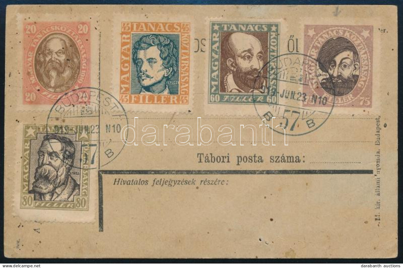 1919 Tábori Posta Levelezőlap, Magyar Tanácsköztársasági Arcképek Sorral "BUDAPEST" Mozgóposta Bélyegzéssel, Nem Futott - Other & Unclassified