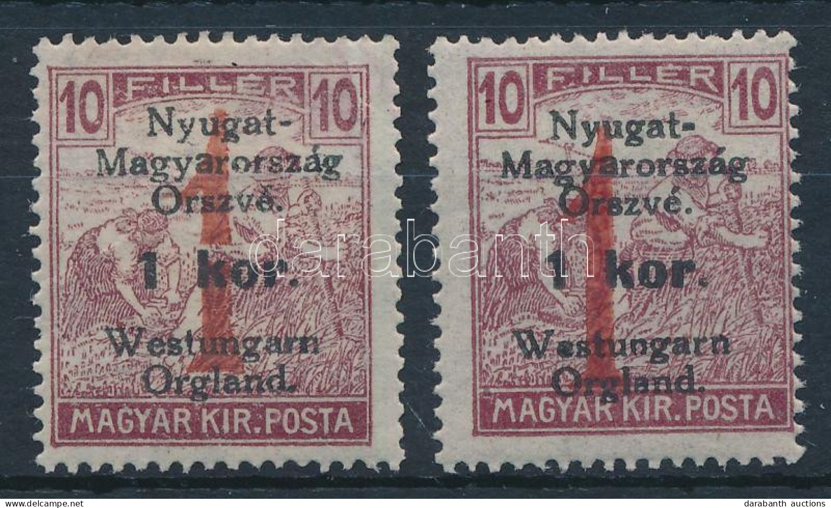 * Nyugat-Magyarország VI. 1921 1K/10f Törött 1-es Tévnyomattal, Bodor Vizsgálójellel + Támpéldány - Other & Unclassified