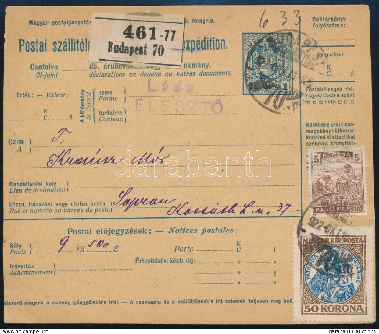 1922 Díjjegyes Csomagszállító Arató 5K + Koronás Madonna 50K Díjkiegészítéssel "BUDAPEST" - "SOPRON" Mozgóposta Bélyegzé - Other & Unclassified