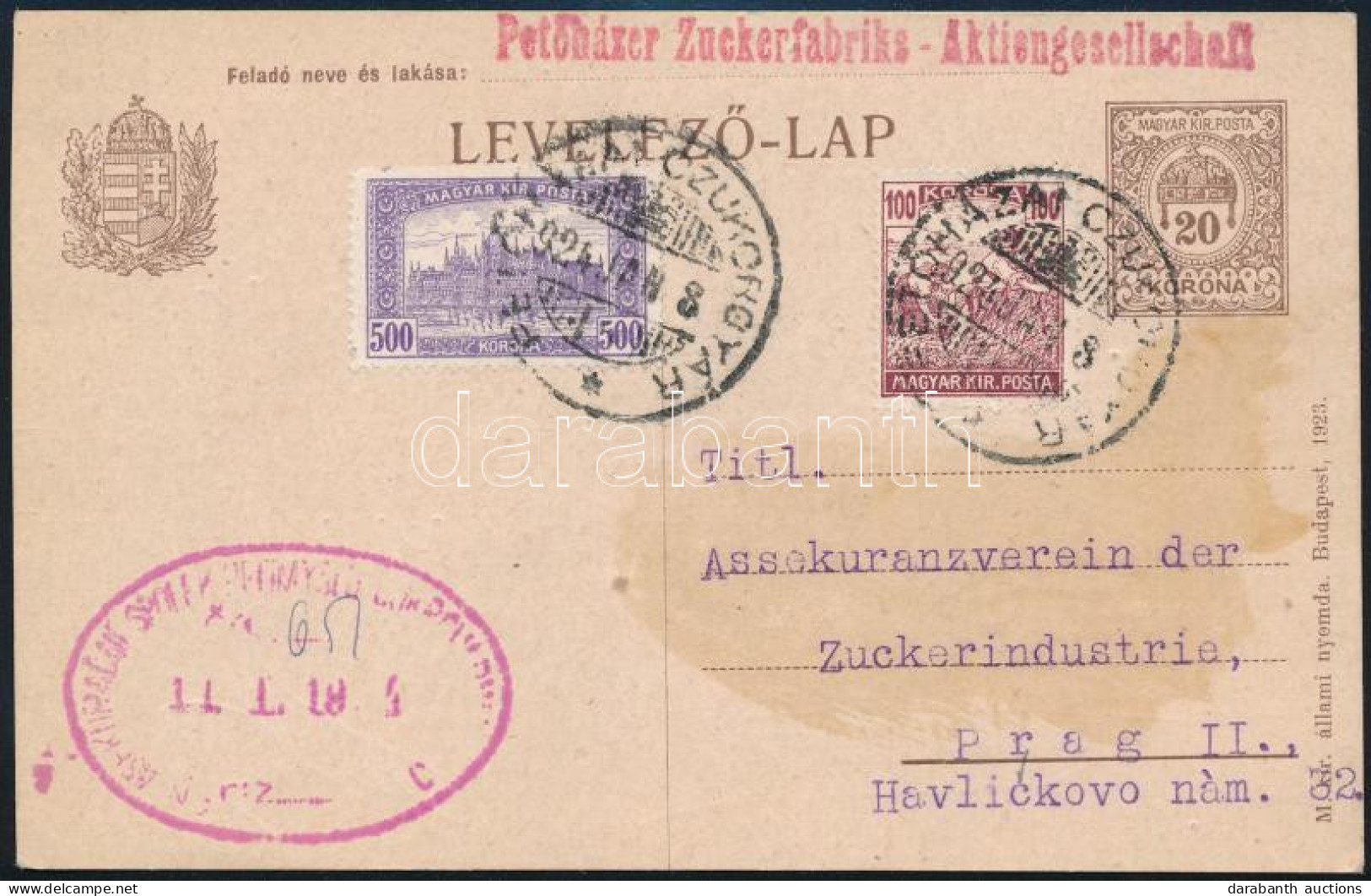 1924 20K Díjjegyes Levelezőlap Arató 100K + Parlament 500K Díjkiegészítéssel Prágába Küldve / PS-card With 600K Addition - Sonstige & Ohne Zuordnung