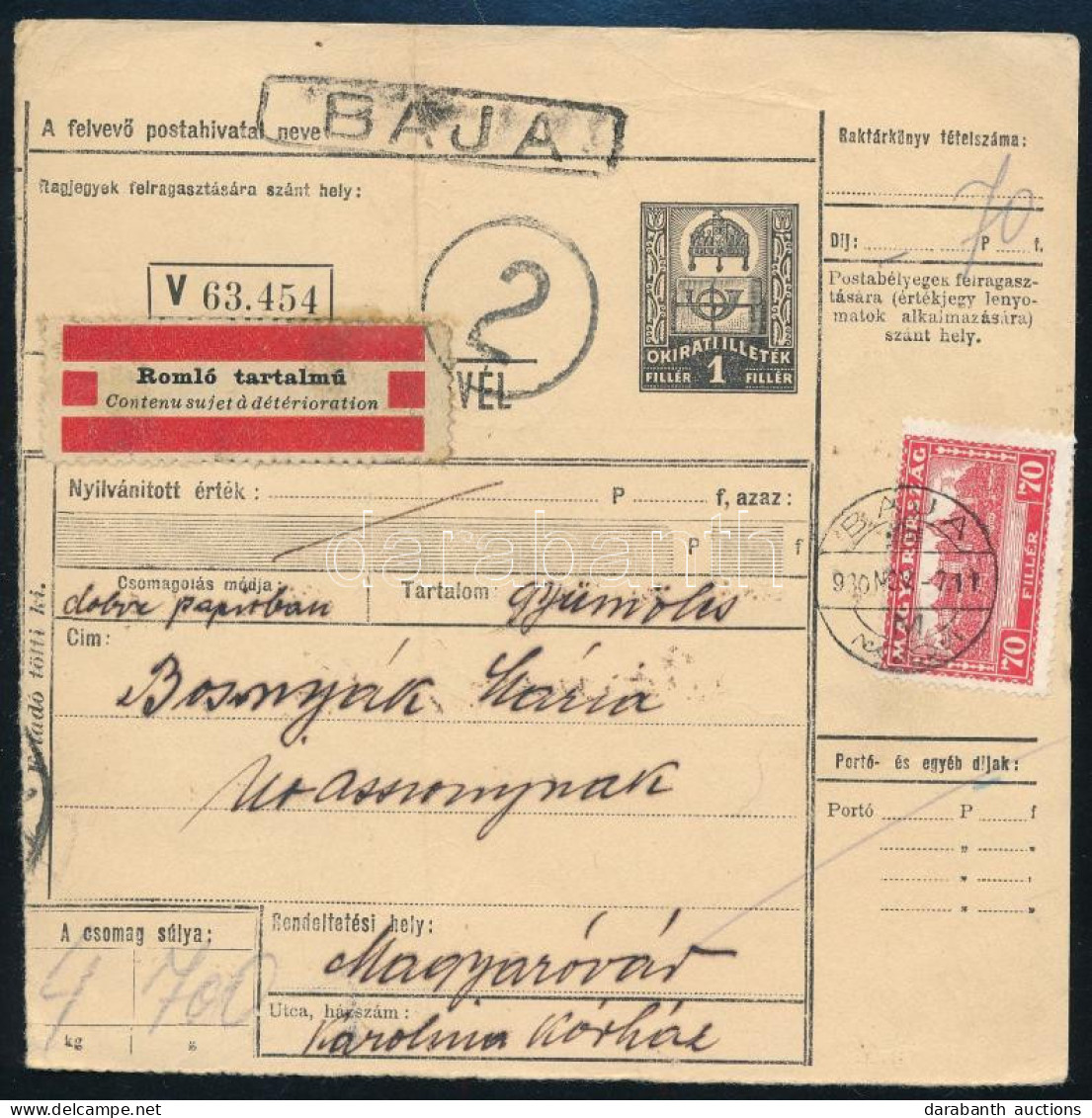 1930 Csomagszállító "Romló Tartalmú" Címkével "BAJA" - Magyaróvár - Autres & Non Classés