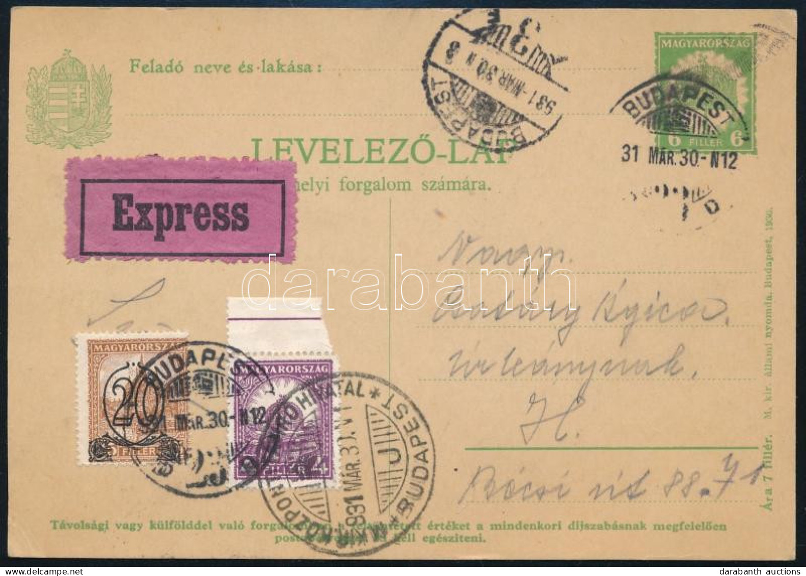 1931 Díjkiegészített Díjjegyes Budapest Helyi Expressz Levelezőlap - Other & Unclassified