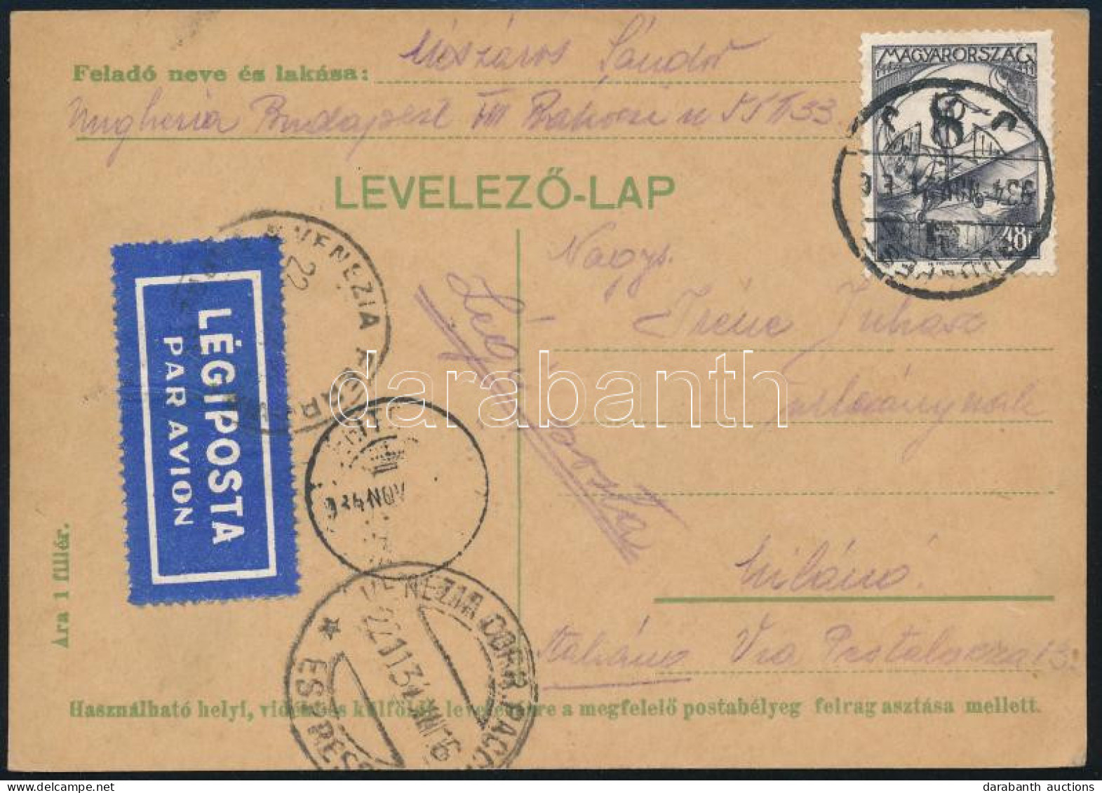 1934 Légi Levelezőlap Repülő 48f Bérmentesítéssel Milánóba Küldve / Airmail Postcard With 48f Franking To Milano - Otros & Sin Clasificación