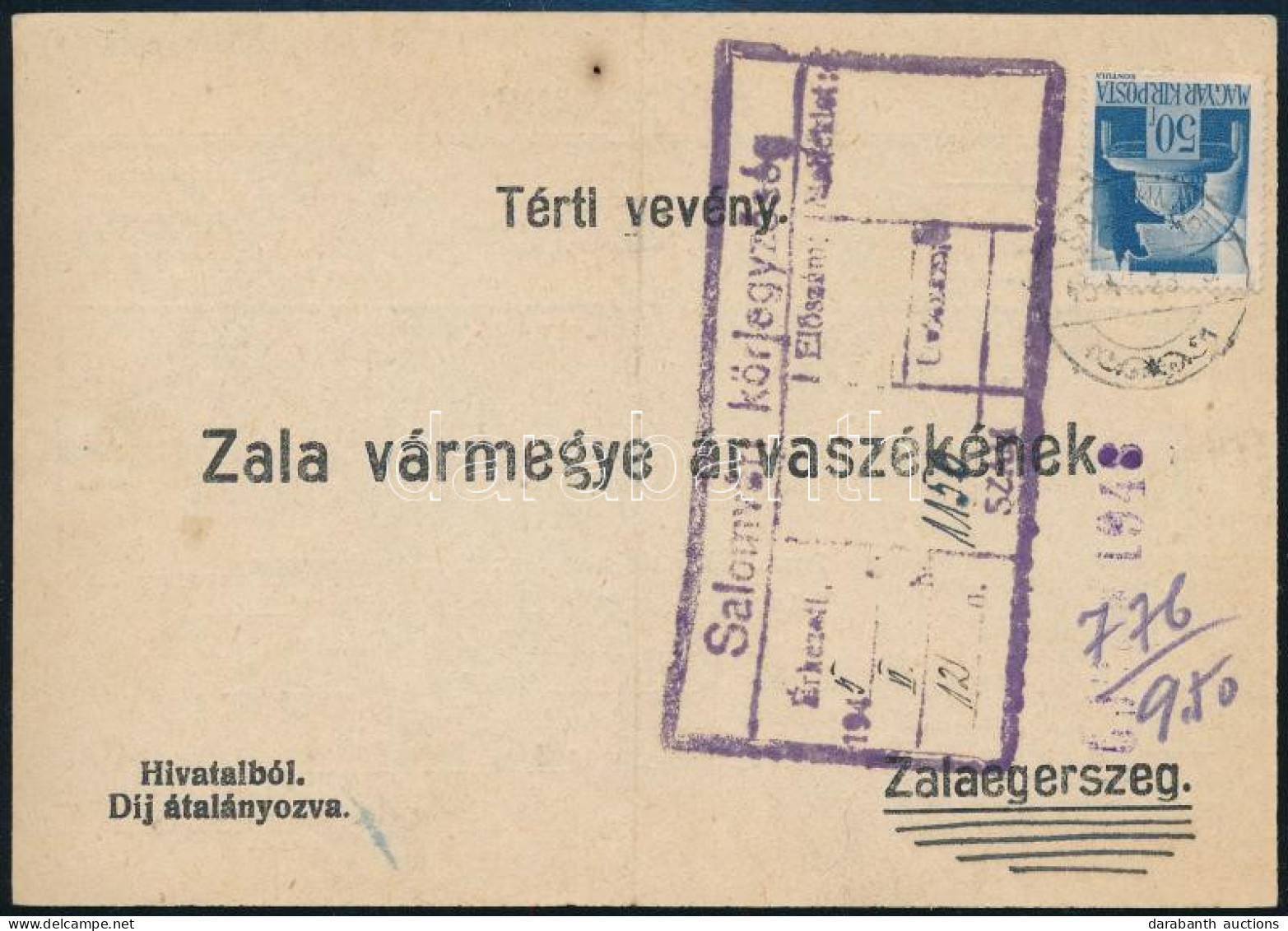 1945.06.13. Tértivevény Hadvezérek 50f Bérmentesítéssel, Nagyon Ritka Küldeményfajta! - Sonstige & Ohne Zuordnung