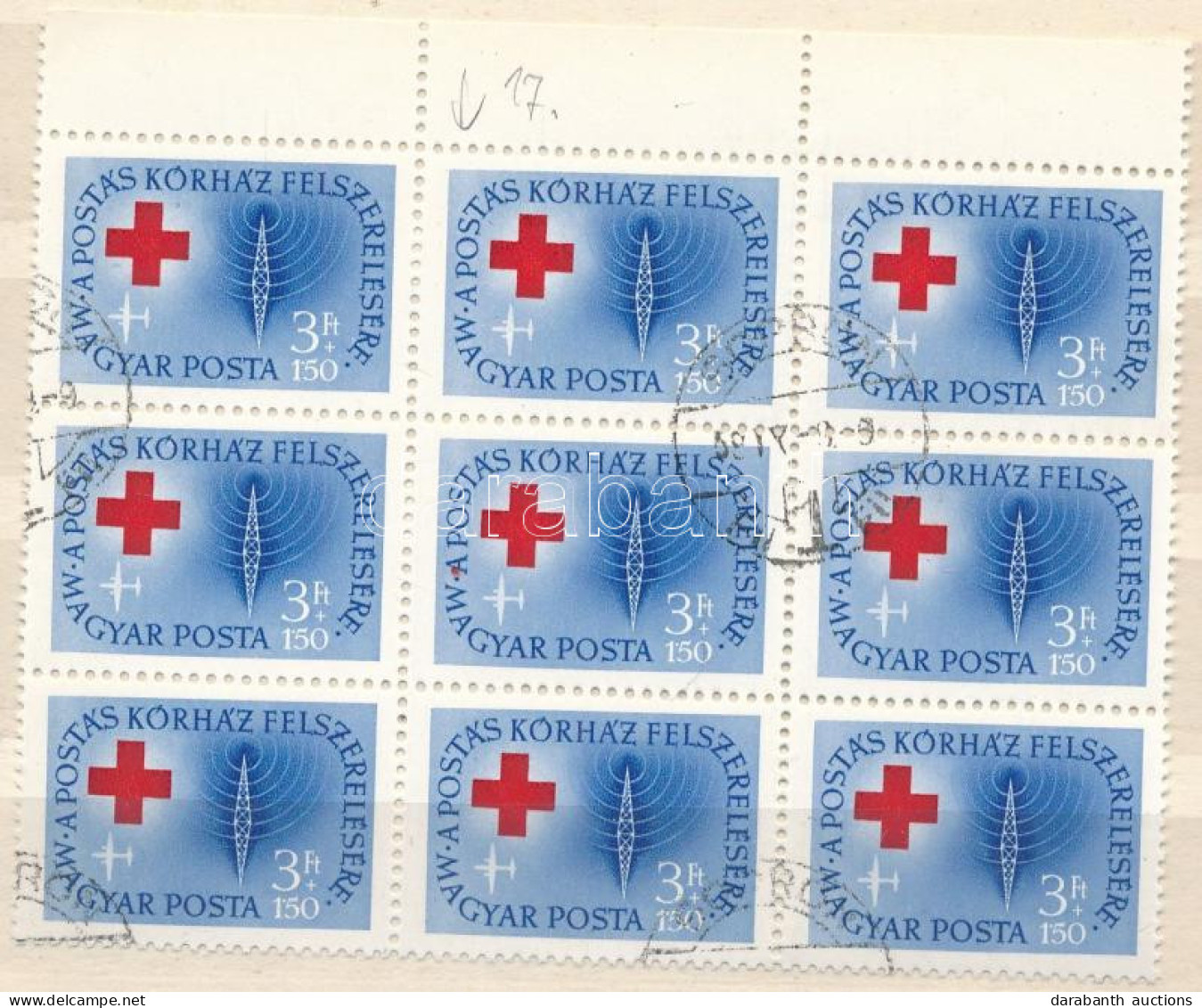 O 1957 Postáskórház 3 Ft 9-es Tömb, Benne "A Betűben Piros Folt" Tévnyomat - Sonstige & Ohne Zuordnung