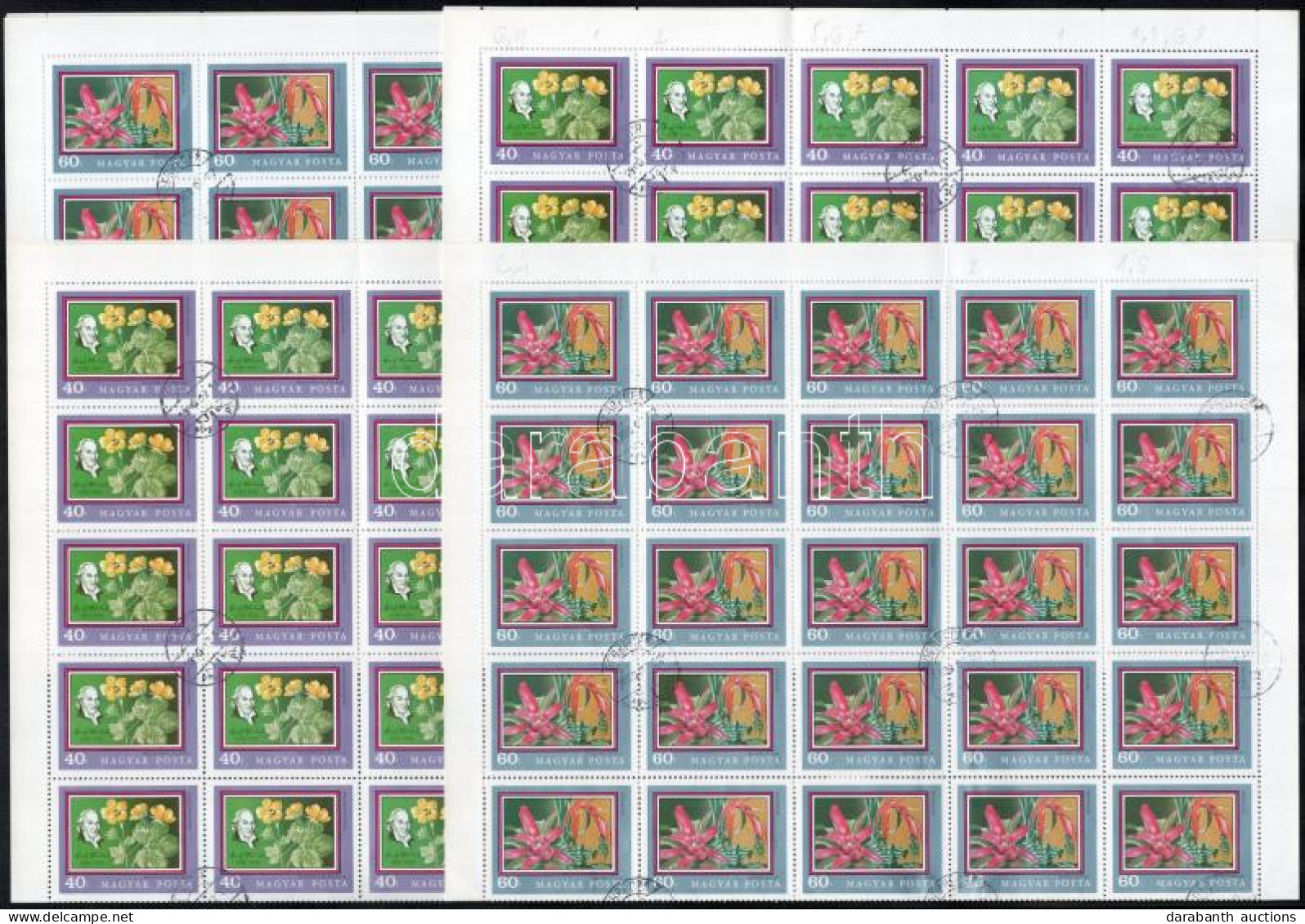 O 1971 Botanikus Kertek Virágai 40f 4 Db Hajtott Teljes ív, Nyomáshibák Jelölésével + 24 Db Bélyeg A Sorból, A Nyomdahib - Autres & Non Classés