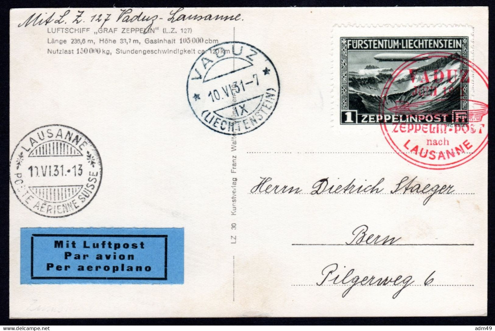 LIECHTENSTEIN, 1931 Zeppelinfahrt - Poste Aérienne