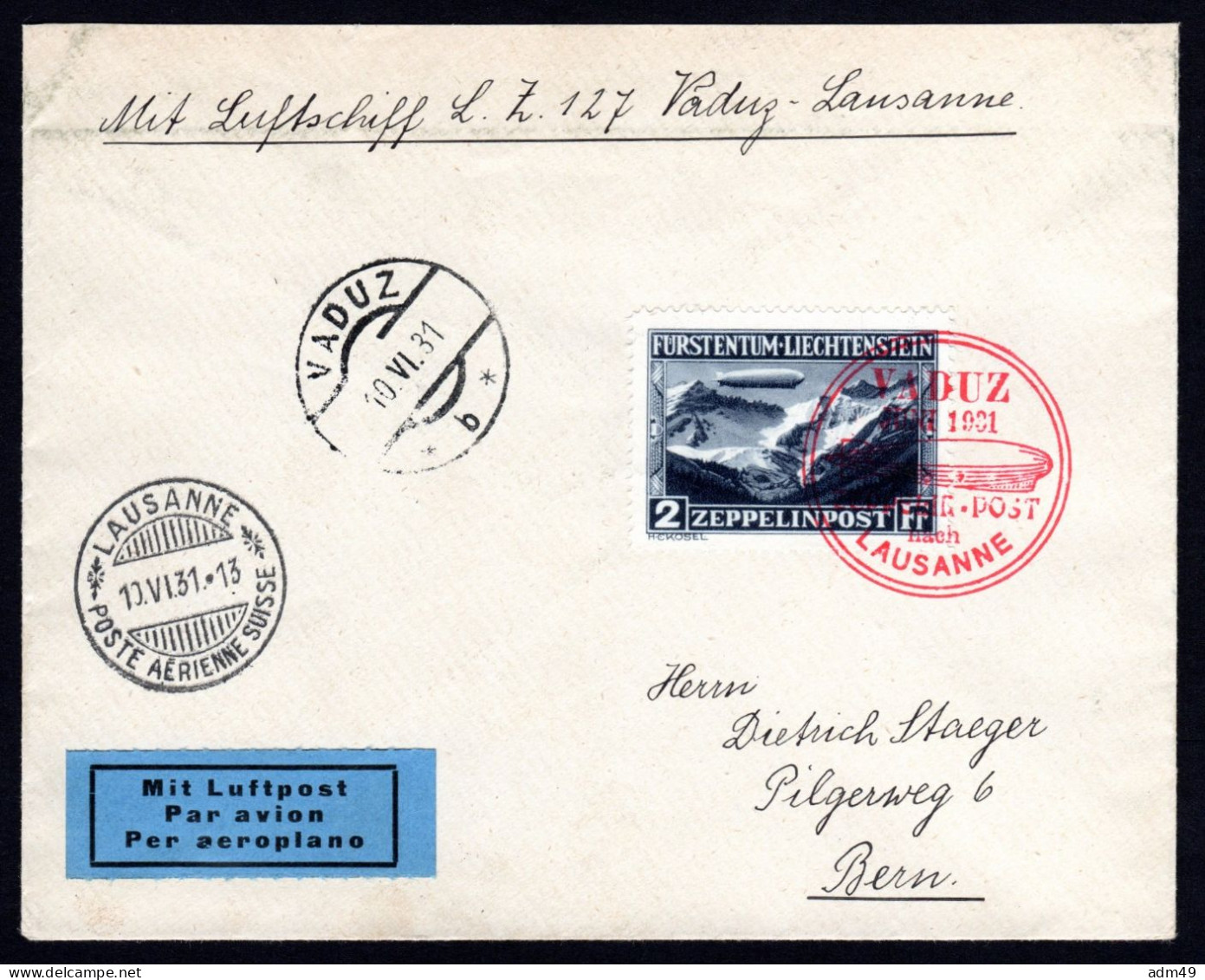 LIECHTENSTEIN, 1931 Zeppelinfahrt - Poste Aérienne