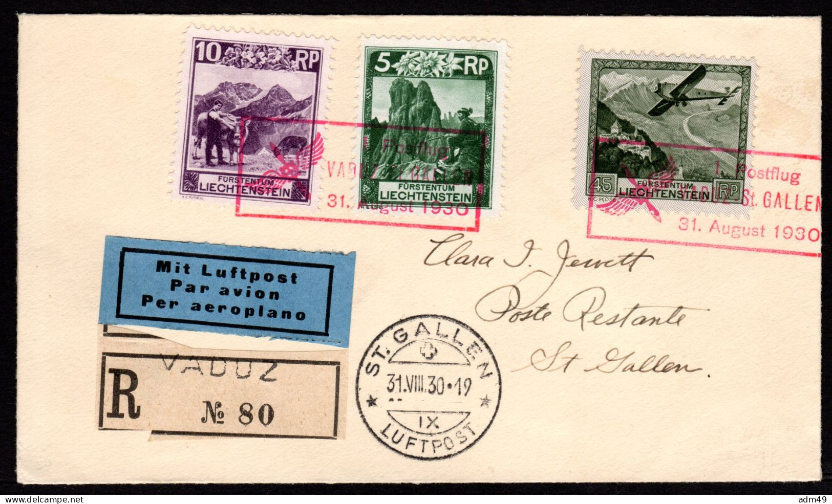 LIECHTENSTEIN, 1930 Erster Postflug Vaduz-St.Gallen - Aéreo