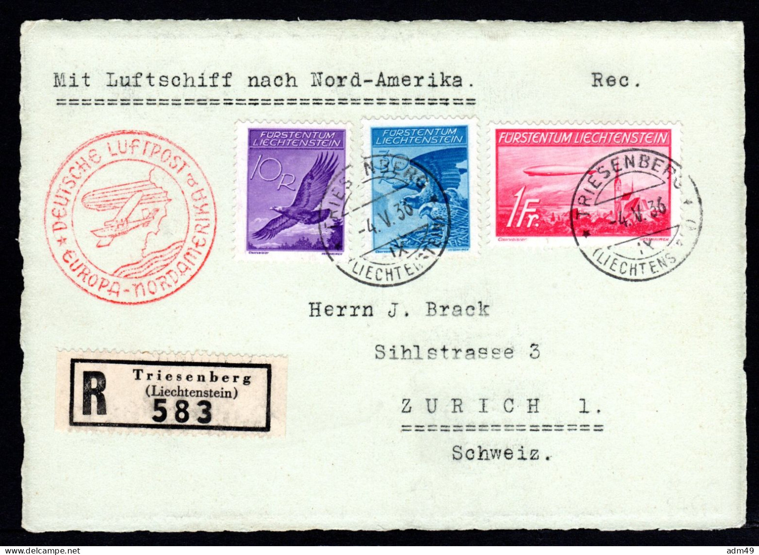 LIECHTENSTEIN, 1936 Zeppelinfahrt Europa-Nordamerika, Ab Frankfurt - Air Post