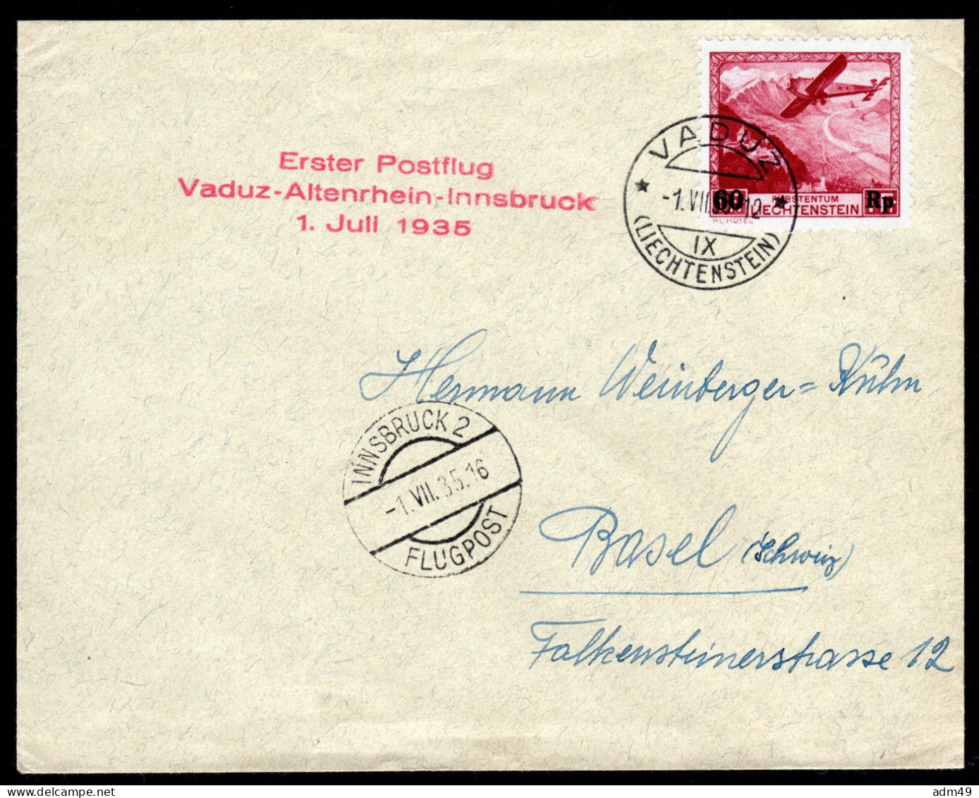 LIECHTENSTEIN, 1935 Erster Postflug Vaduz-Altenrhein-Innsbruck 1.VII.35 - Aéreo
