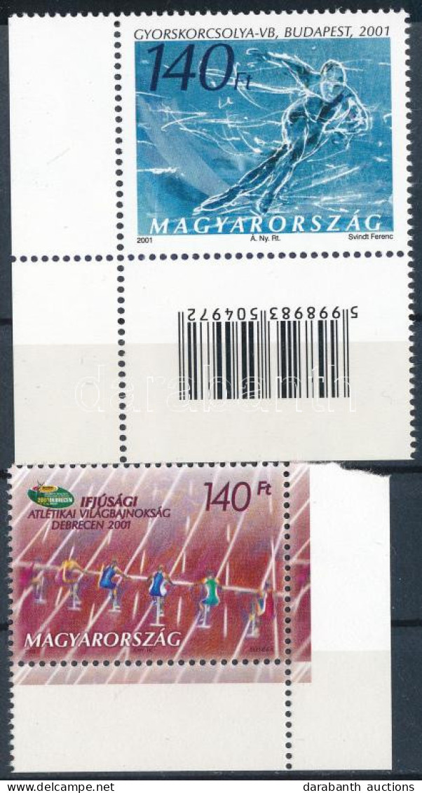 ** 2001 Gyorskorcsolya VB ívsarki Bélyeg Alsó Vonalkóddal + Ifjúsági Atlétikai VB ívsarki Bélyeg A Bélyegkép Túlfut Az í - Other & Unclassified