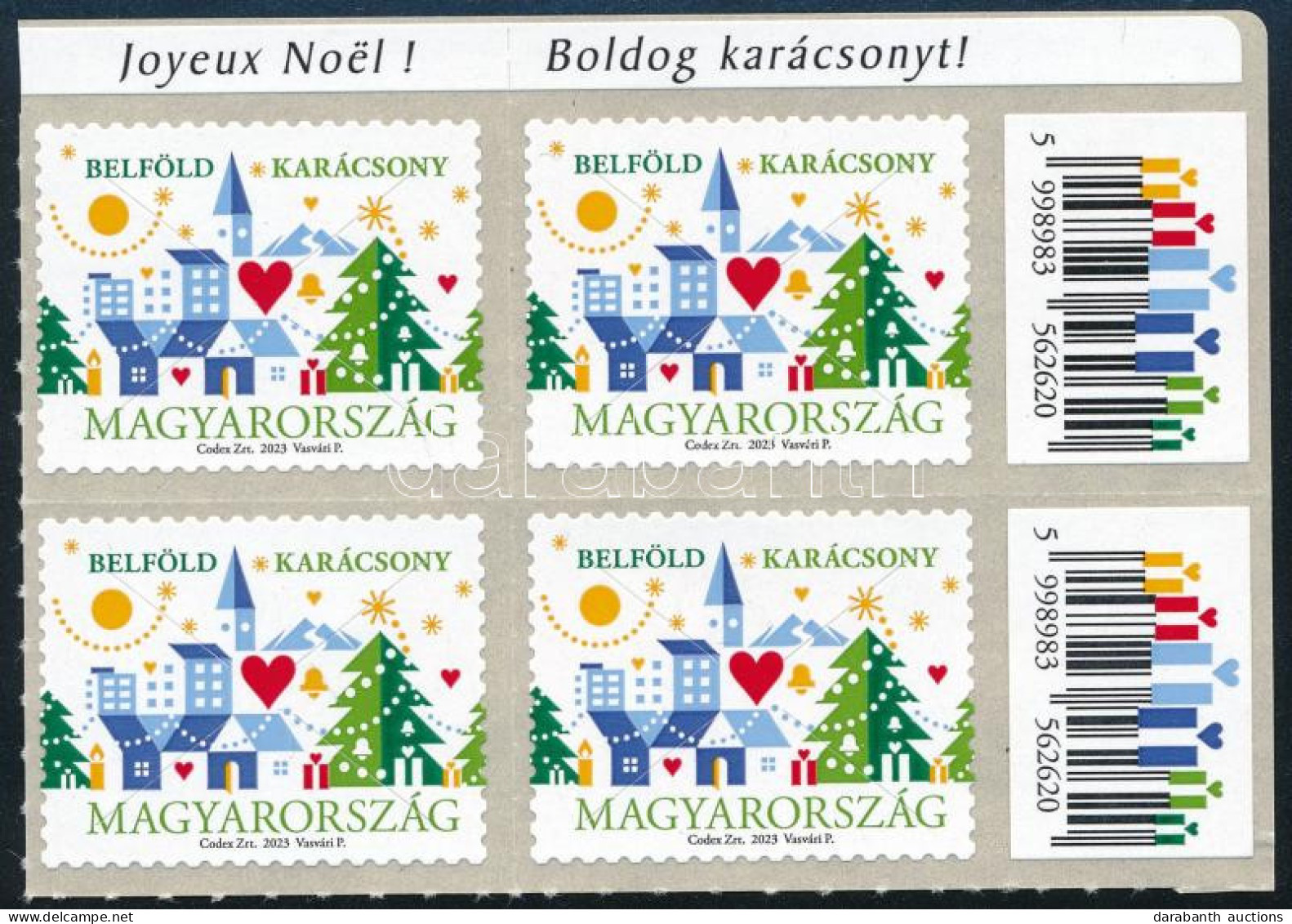 ** 2023 Karácsony öntapadós 4-es Tömb Felül Francia és Magyar "Boldog Karácsonyt!" Felirattal, Jobb Oldalt Vonalkóddal - Other & Unclassified