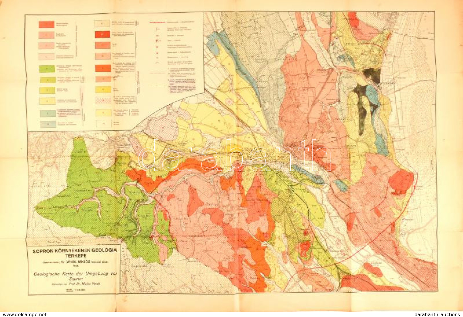 1928 Sopron Környékének Geológiai Térképe, 1:25.000, Dr. Vendl Miklós, Hajtogatva, Kis Szakadásokkal 62x94cm - Autres & Non Classés