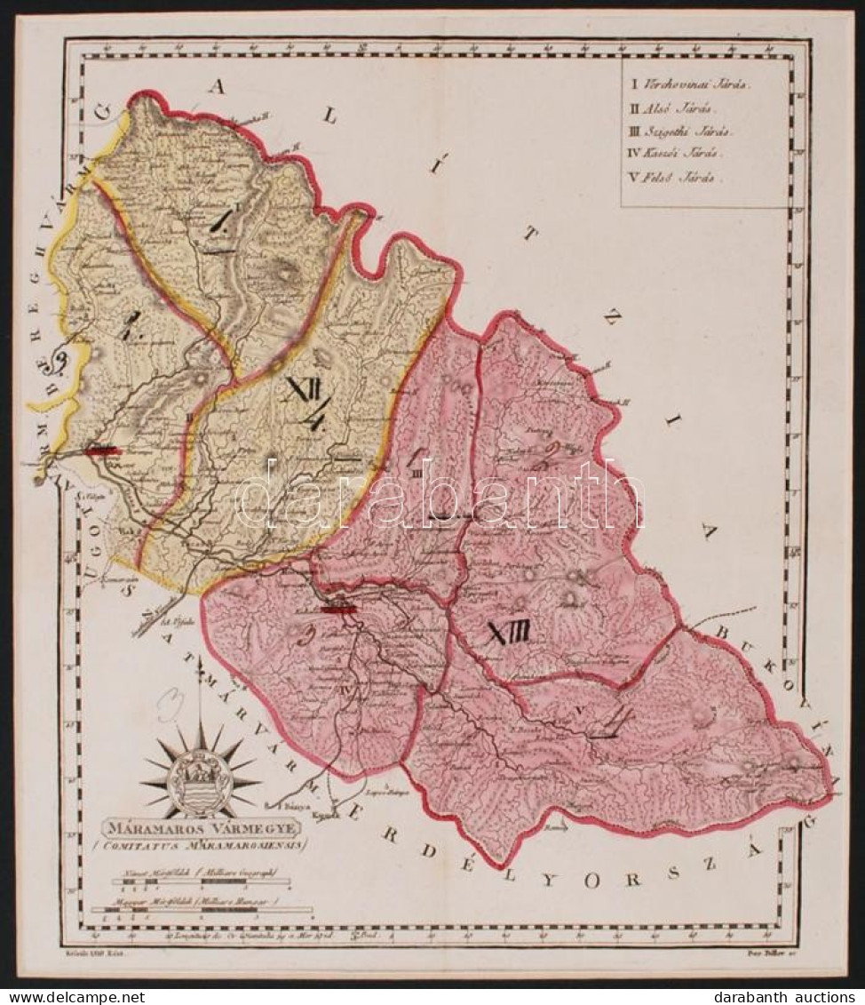 1810 Máramaros Vármegye Térkép, Comitatus Máramarosiensis). Magyarország Vármegyéinek Színezett, Rézmetszetű, Közigazgat - Andere & Zonder Classificatie