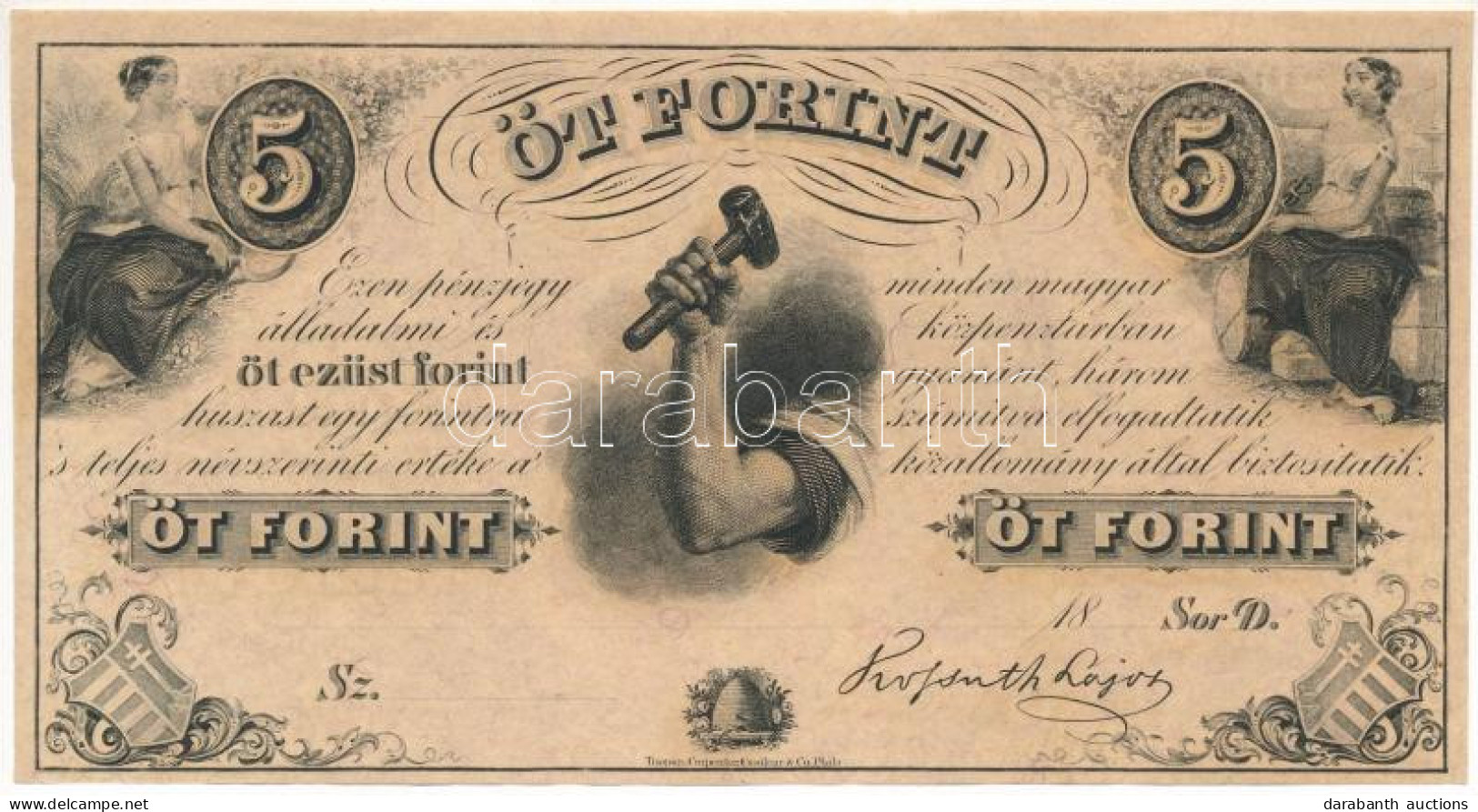 1852. 5Ft "Kossuth Bankó" Kitöltetlen, "D" T:AU Kisebb Foltok Hungary 1852. 5 Forint "D" Without Date And Serial Number  - Non Classificati