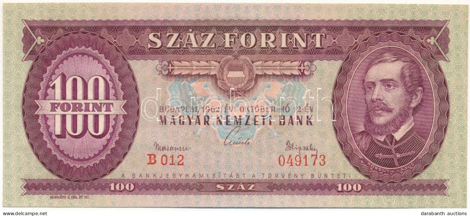 1962. 100Ft "B 012 049173" T:UNC,AU Hungary 1962. 100 Forint "B 012 049173" C:UNC,AU Adamo F31 - Sin Clasificación