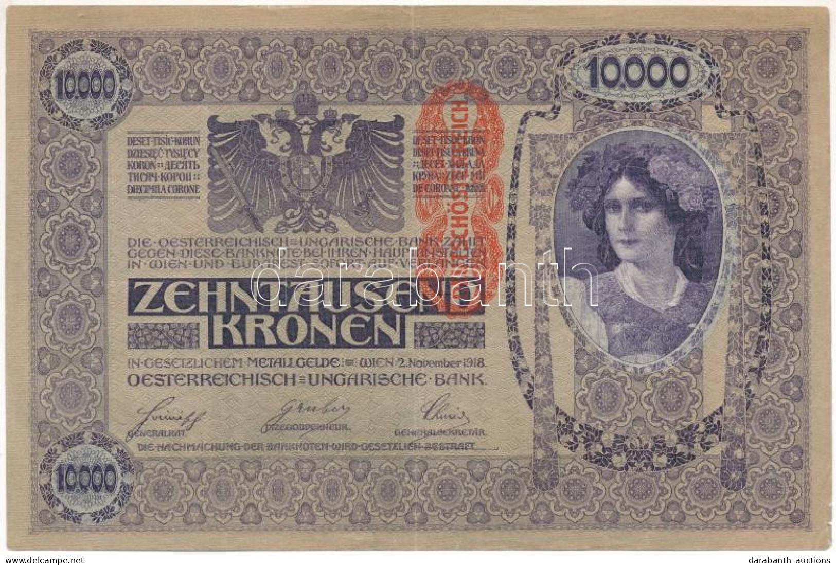 Ausztria 1918. 10.000K Mindkét Oldala Német, Függőleges, Piros "DEUTSCHÖSTERREICH" Felülbélyegzéssel T:F Szép Papír Aust - Ohne Zuordnung