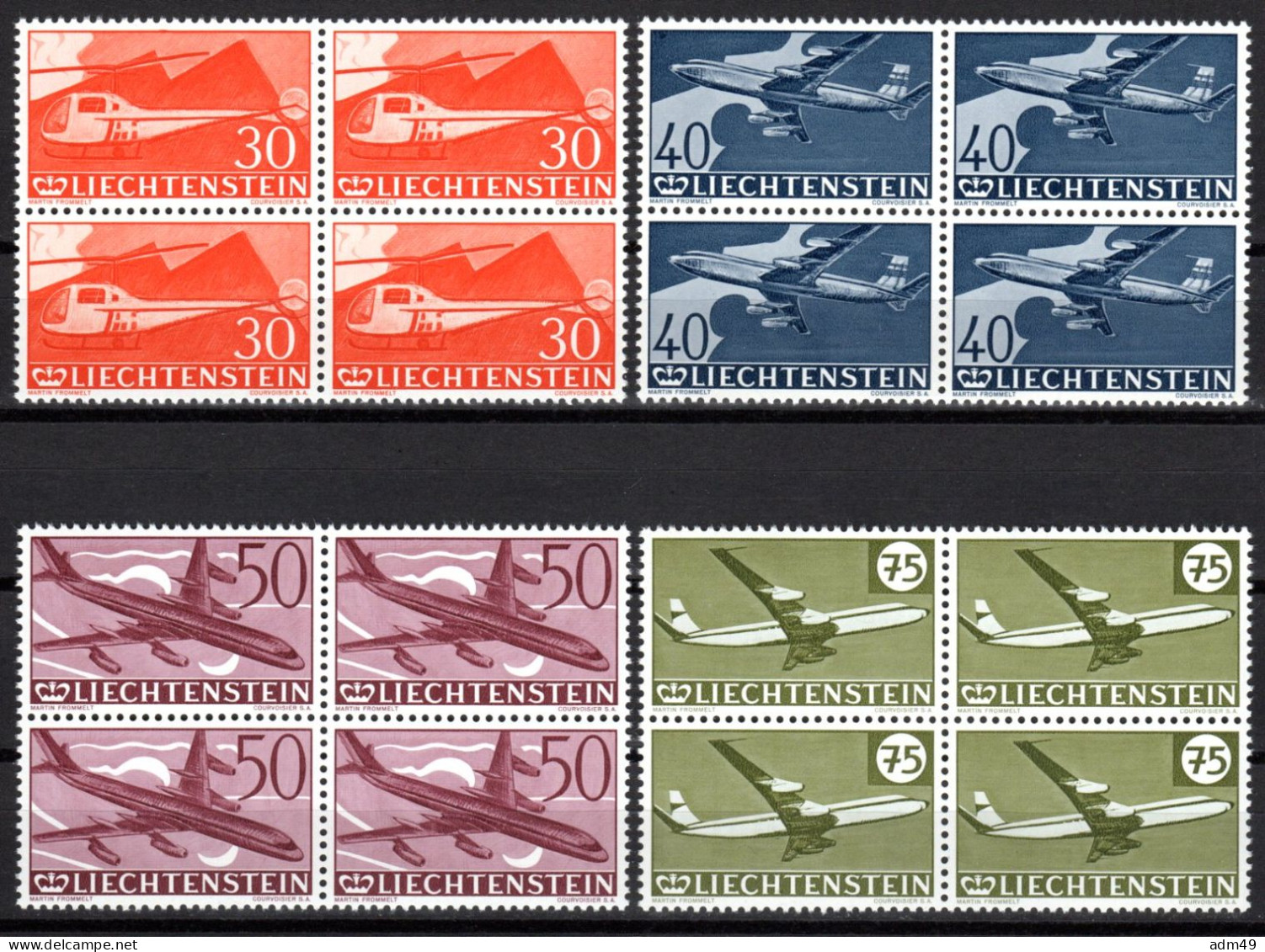 LIECHTENSTEIN, Flugpost 1960, 30 Jahre Flugpostmarken, Postfrisch ** Im Viererblock - Aéreo