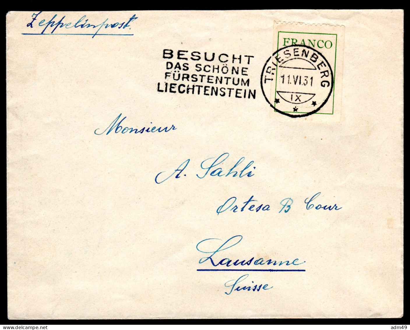 LIECHTENSTEIN, 1927 FRANCO Zettel Auf Brief - Briefe U. Dokumente