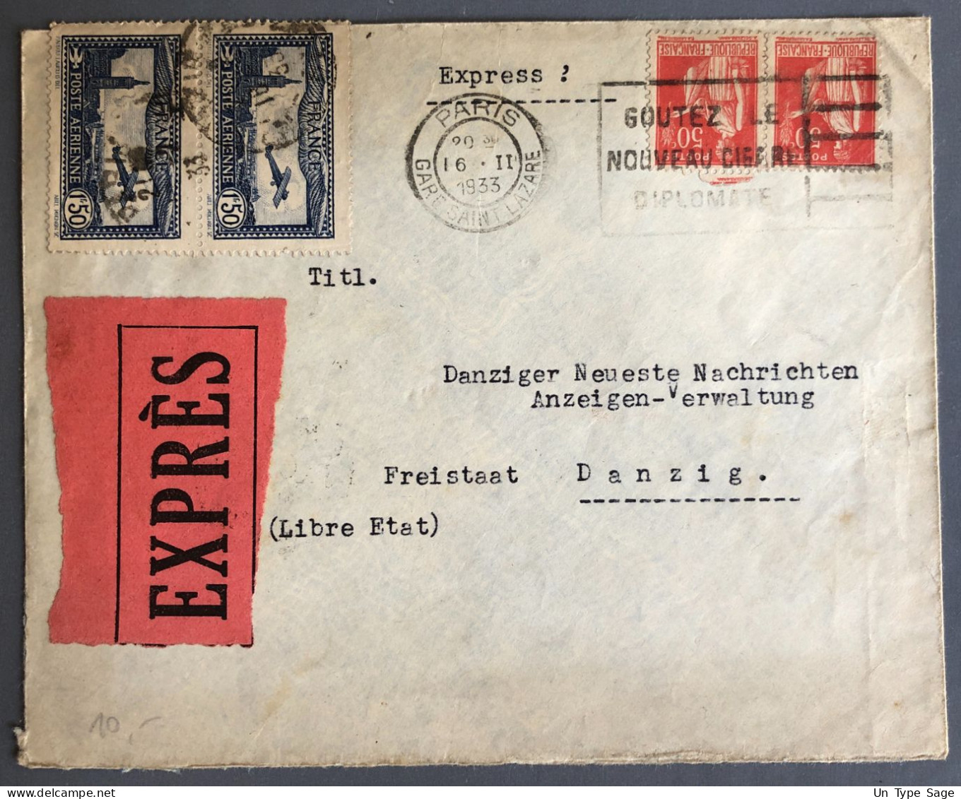 France, PA N°6 (x2) Sur Enveloppe Par EXPRES 16.2.1933 Pour Danzig (Etat Libre) - (W1267) - 1927-1959 Covers & Documents
