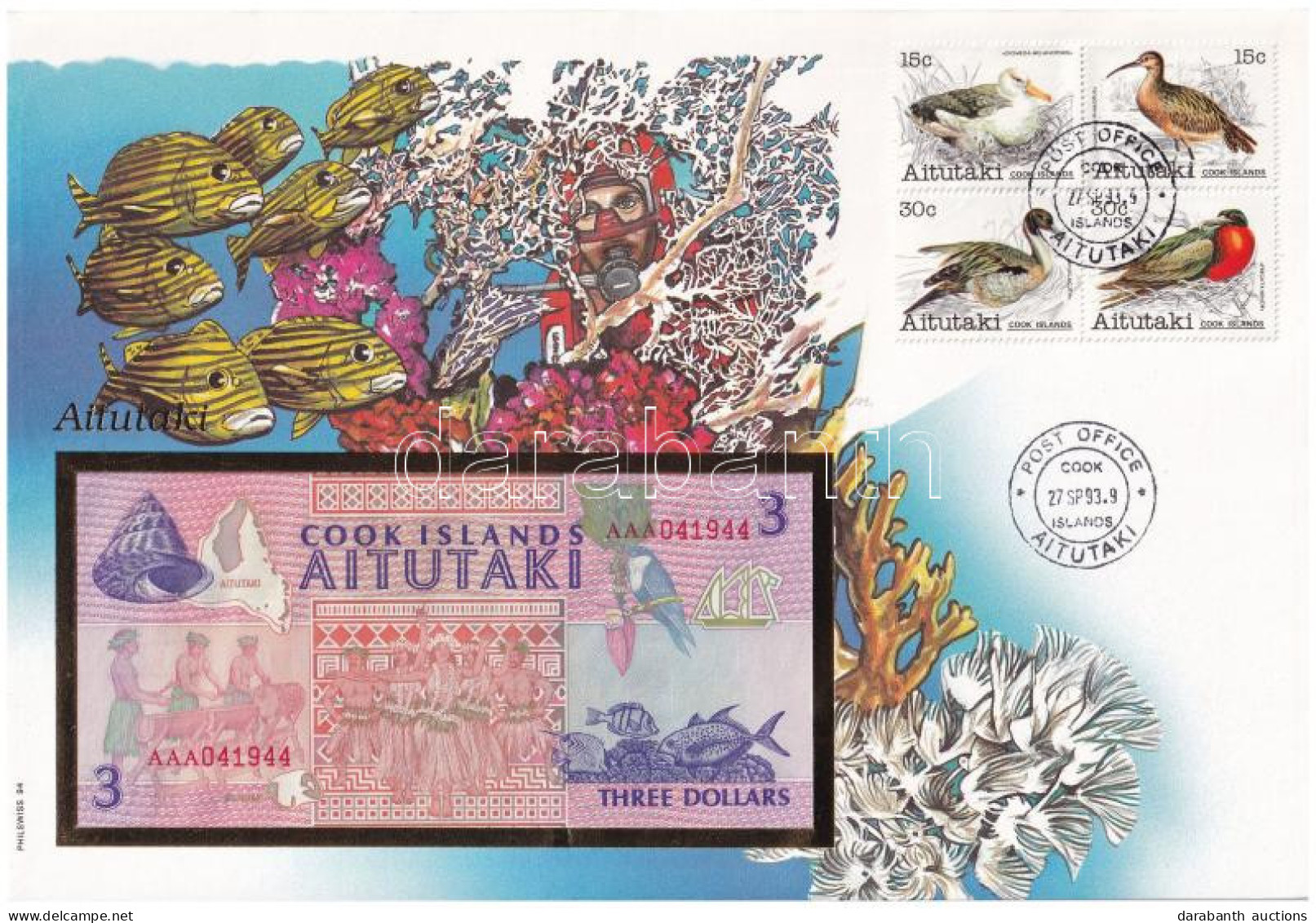 Cook-szigetek / Aitutaki 1992. 3$ Borítékban, Alkalmi Bélyegzésekkel T:I Cook Islands / Aitutaki 1992. 3 Dollars In Enve - Sin Clasificación