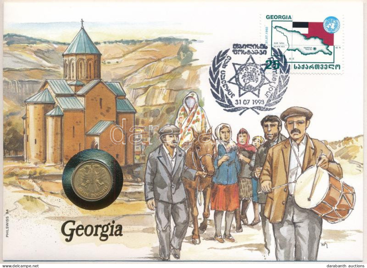 Grúzia Felbélyegzett Borítékban, Bélyegzéssel, Német Nyelvű Tájékoztatóval, Benne Oroszország 1992. 10R Cu-Ni T:AU Georg - Non Classés