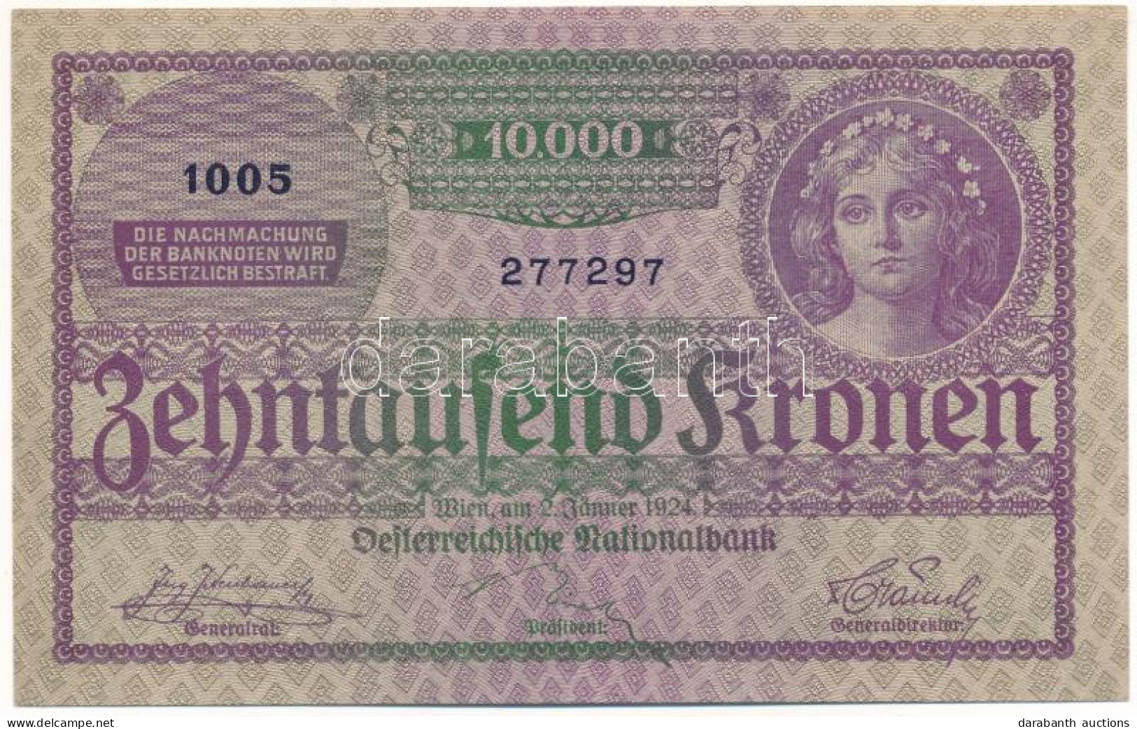 Ausztria 1924. 10.000K "1005 277297" T:UNC Austria 1924. 10.000 Kronen "1005 277297" C:UNC Krause 85. - Non Classificati