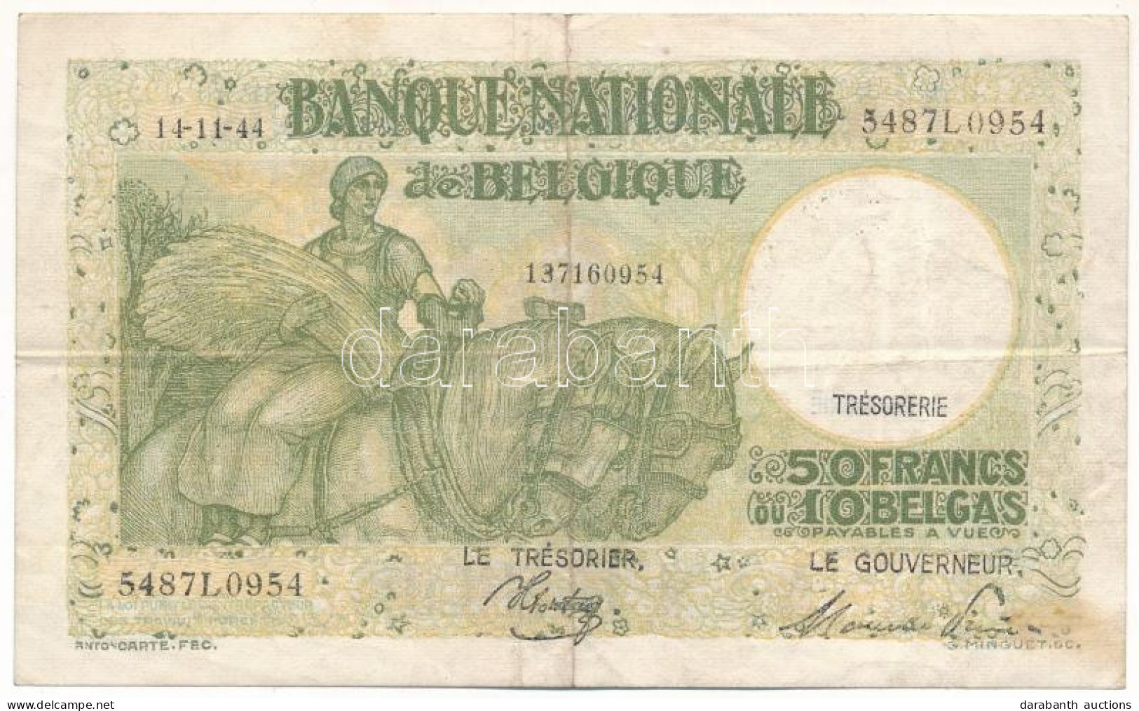 Belgium 1944. November 14. 50Fr / 10B T:F Belgium 1944. 14th Of November 50 Francs / 10 Belgas C:F Krause P#106 - Non Classés