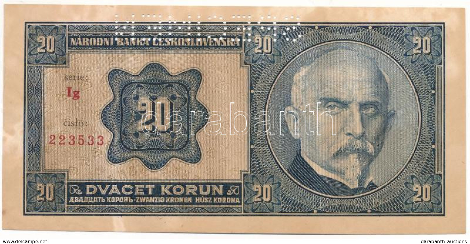 Csehszlovákia 1926. 20K "Ig 223533" "SPECIMEN" Perforációval T:AU Elszineződött Papír / Czechoslovakia 1926. 20 Korun "I - Non Classificati