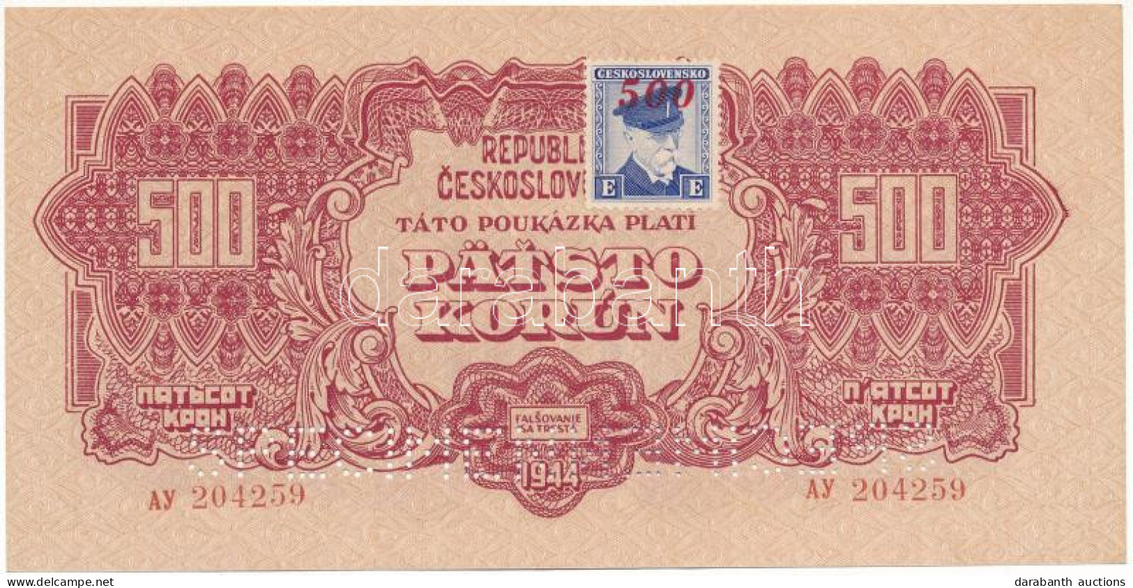 Csehszlovákia 1944. 500K "SPECIMEN" Perforációval és Masarykot ábrázoló "E" Jelzésű Bélyeggel, Rajta Vörös "500" Felülbé - Ohne Zuordnung