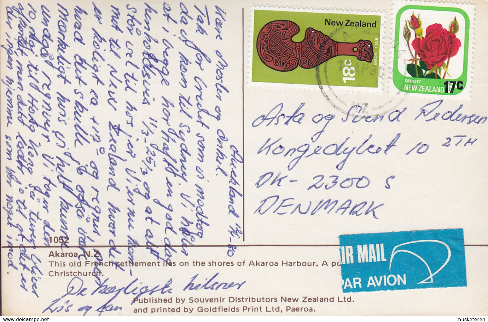 New Zealand PPC AIR MAIL PAR AVION LabelAKAROA 1980 To Denmark (2 Scans) - Cartas & Documentos