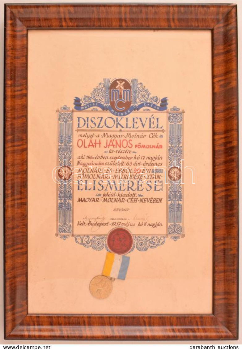 1937. "A Magyar Molnár Céh Emlék Érem - Budapest 1933" Bronz Kitüntető érem Mellszalagon. Üvegezett Keretben A Céh Nagya - Non Classificati